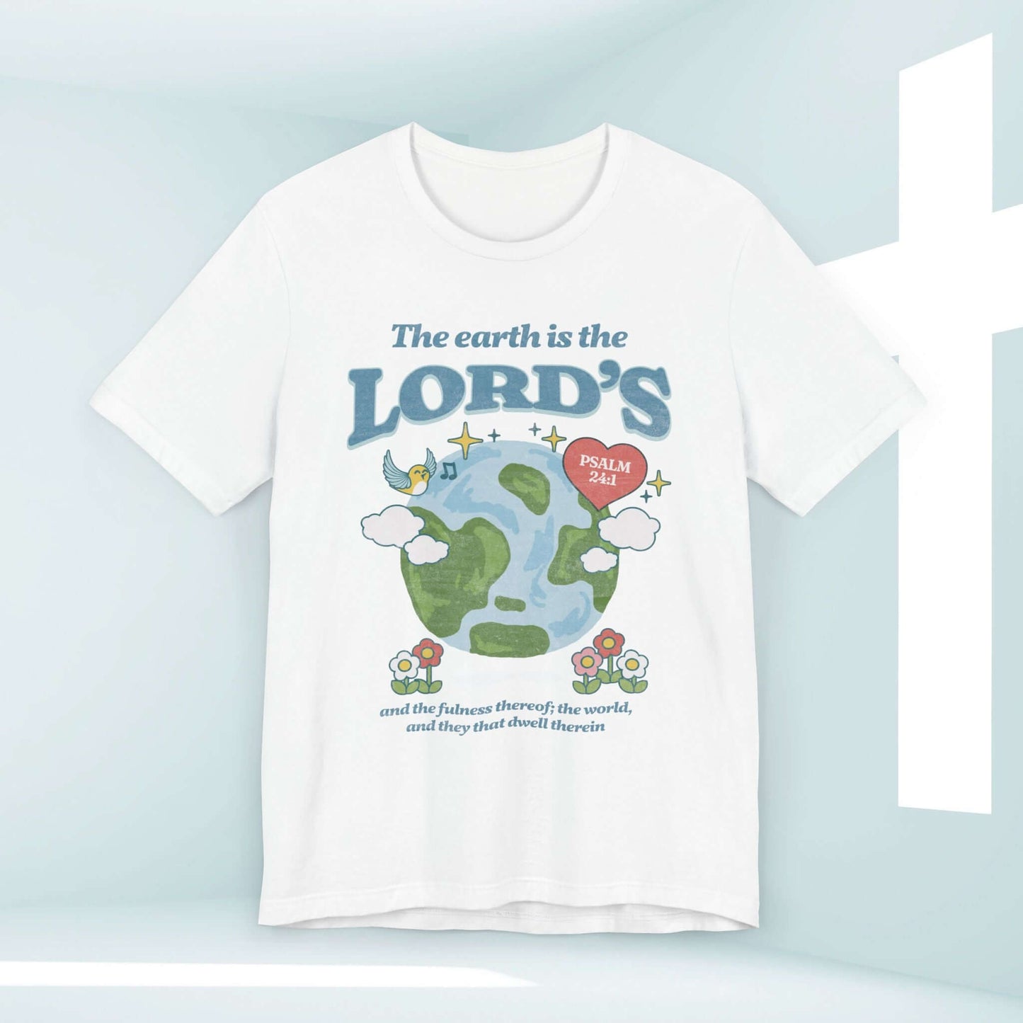 Christian camping nature shirt with "The Earth is the Lord's" Bible verse graphic, perfect for Earth Day and faith-based inspiration.