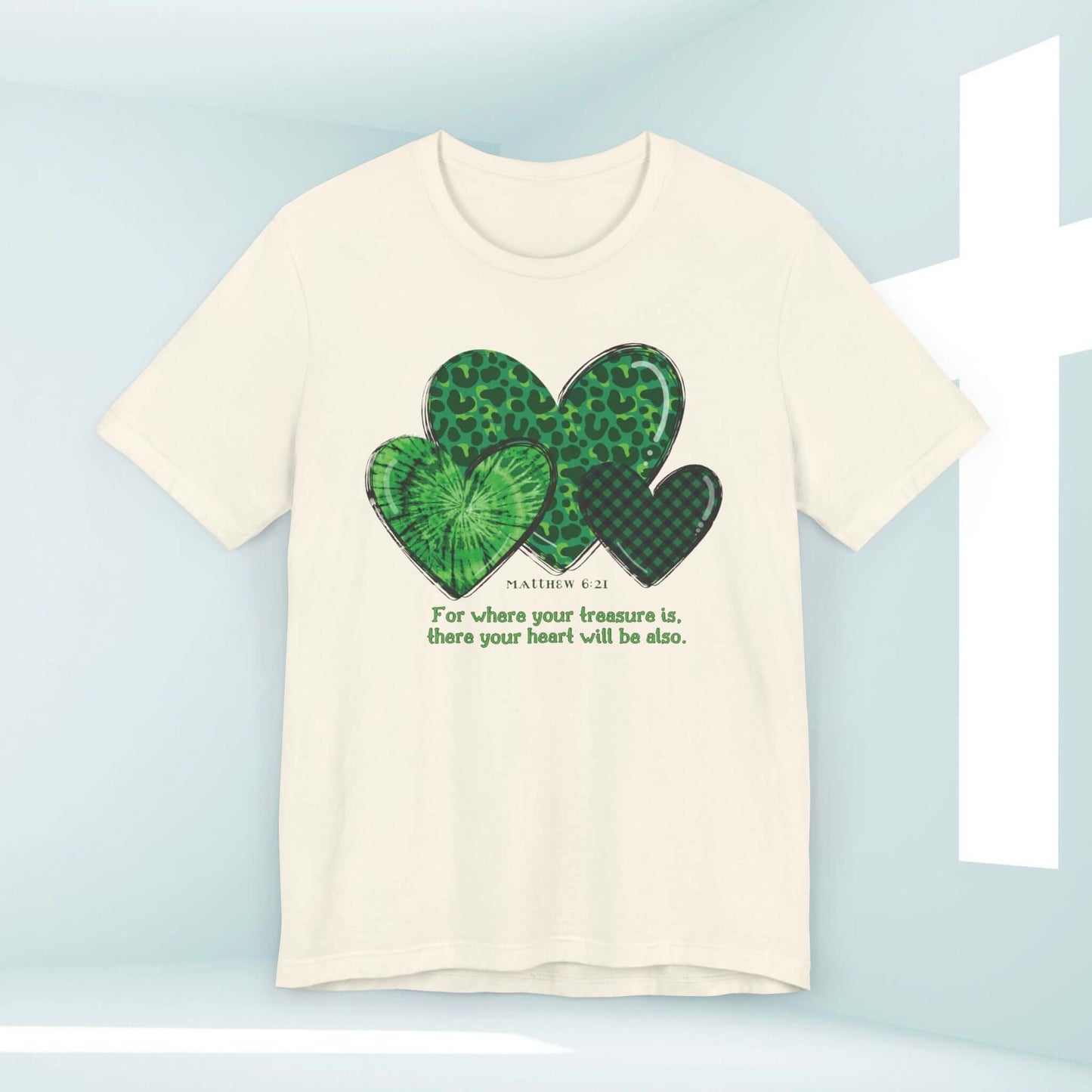 Christian St Patrick's Day shirt with three green shamrocks and Bible verse, perfect St Patrick's Treasure Tee for faithful inspiration