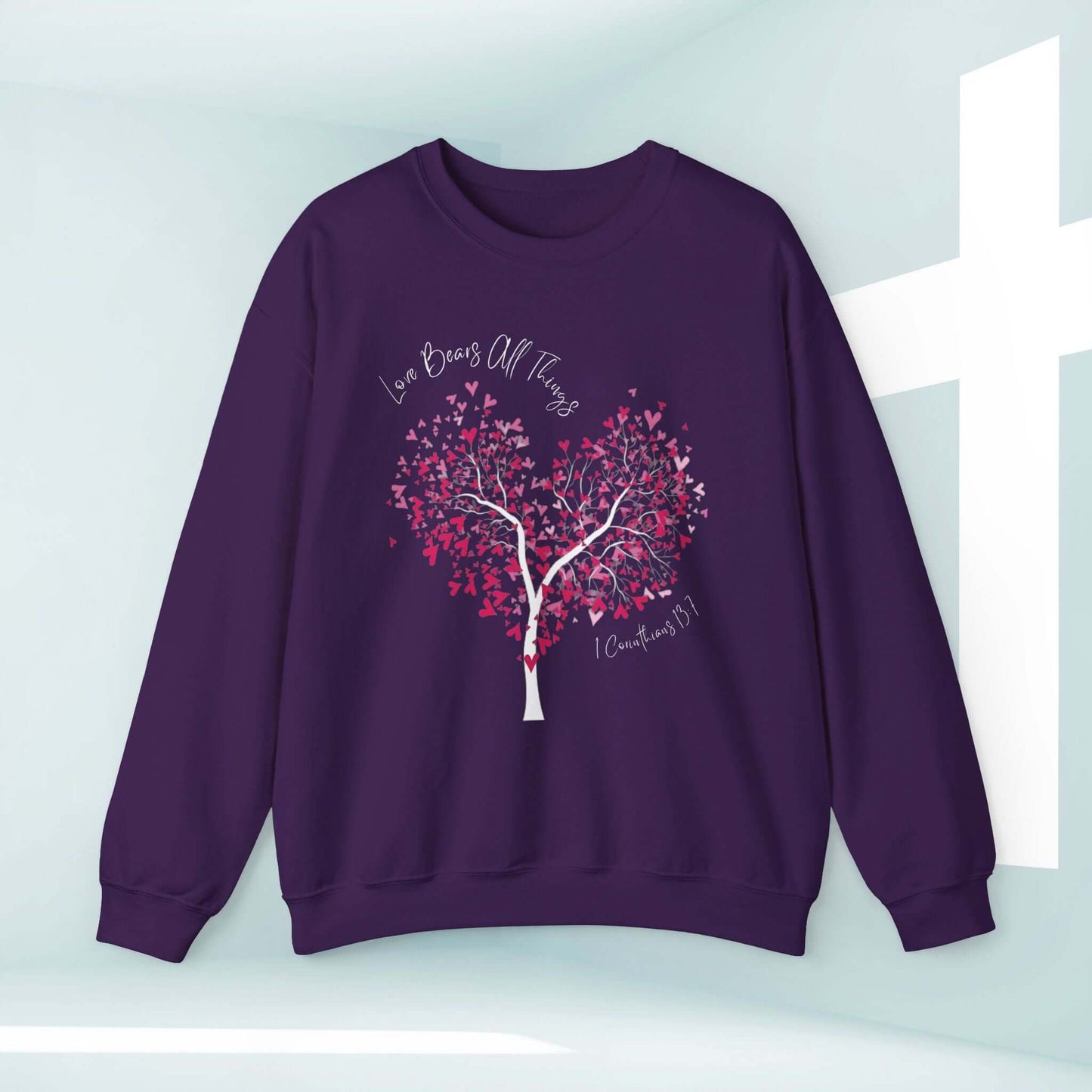 Christian Love Bears All Things tree heart sweatshirt for Valentine's Day, wedding, engagement, anniversary gifts, faith-based apparel.