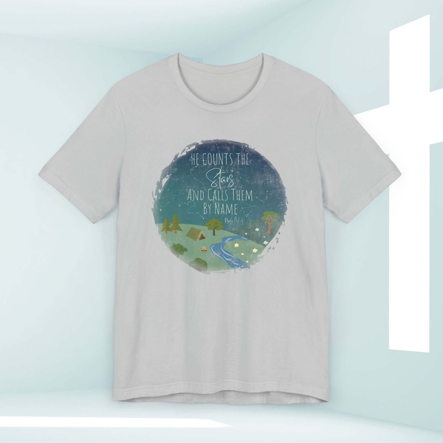 He Counts The Stars And Calls Them By Name Christian T-Shirt featuring camping nature graphic, perfect for faith-based inspiration and testimony.