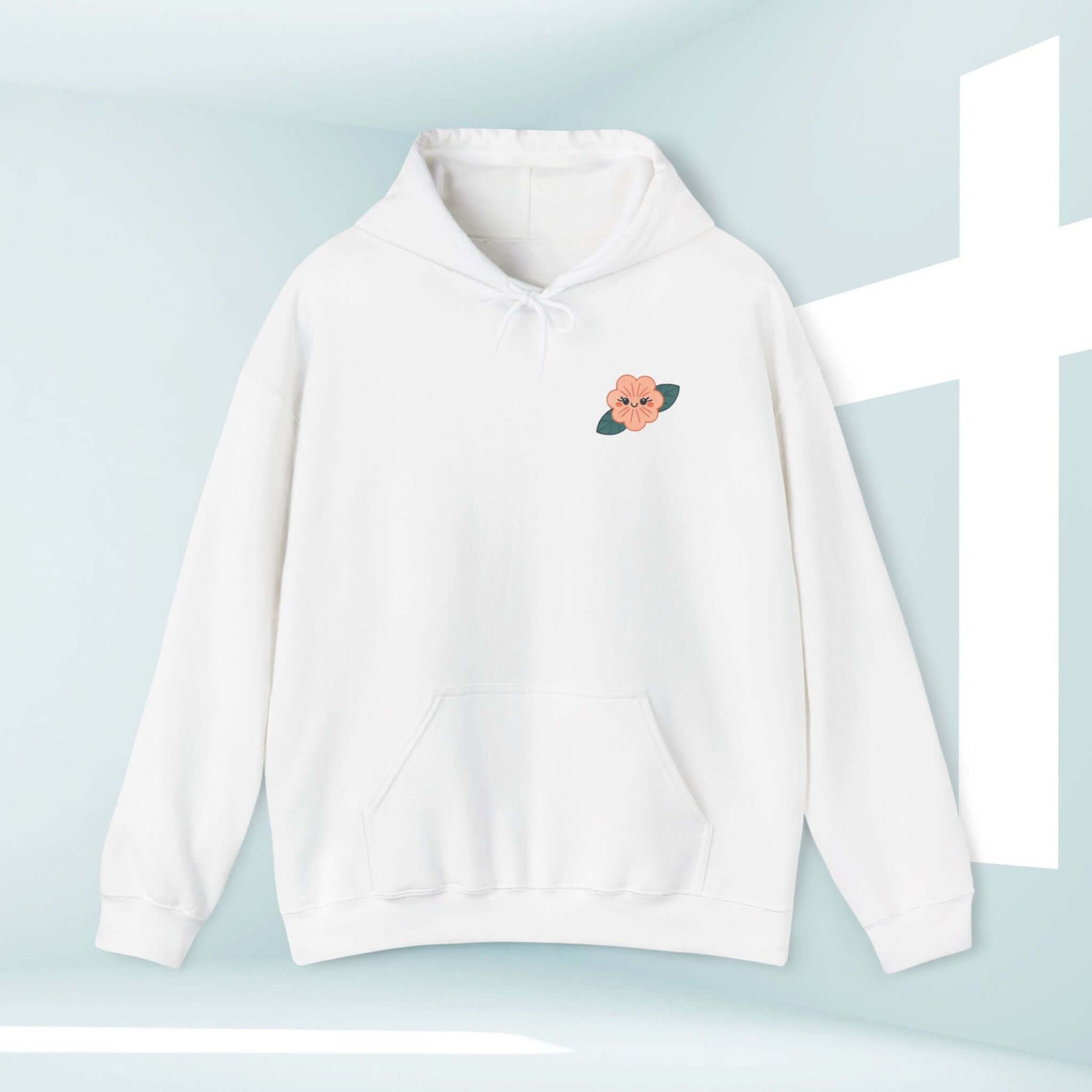 White Christian Hoodie with Flower Design in Gentle Light Setting