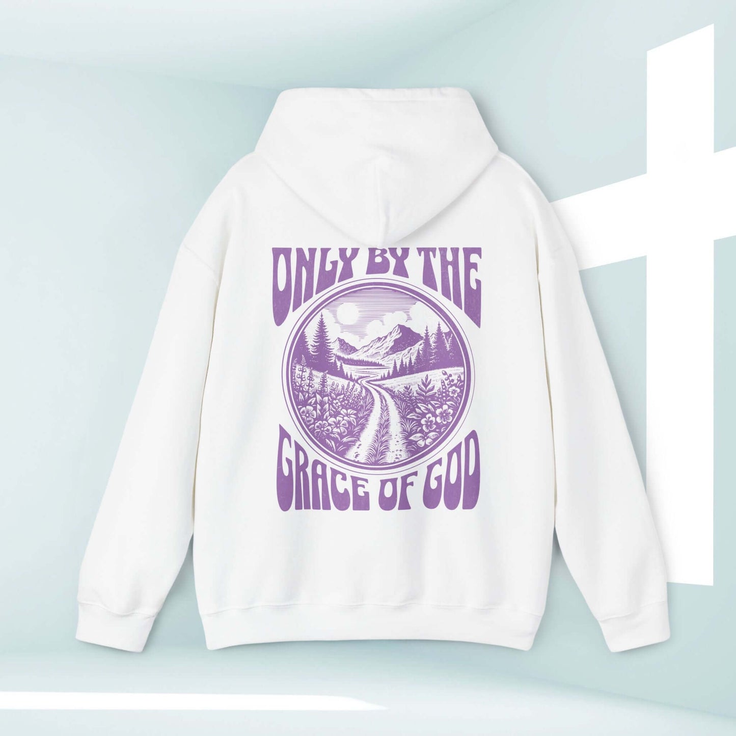 "Only By The Grace Of God Bible Verse Christian Hoodie in White with Inspirational Graphic Design"