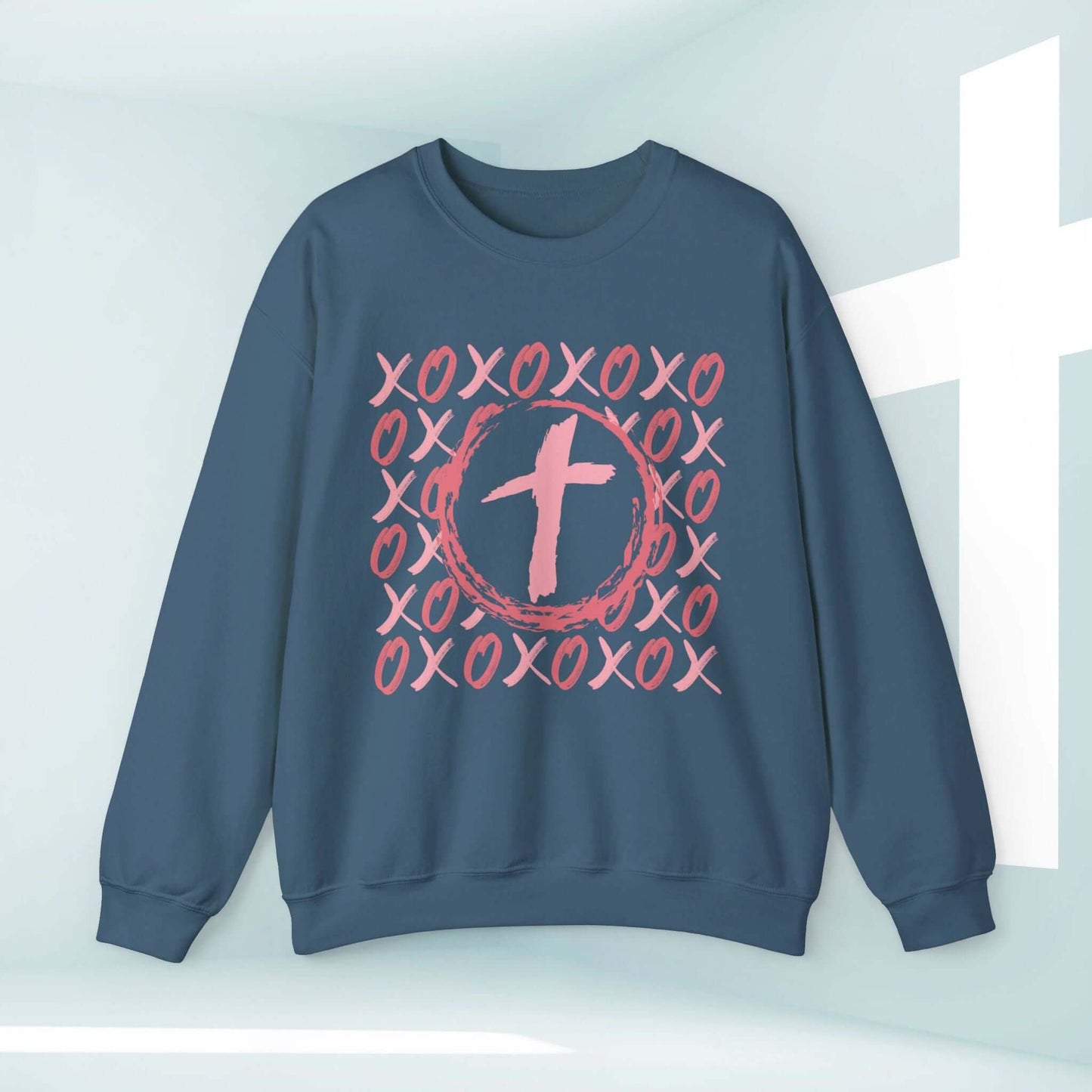 Christian wedding love sweatshirt with XOXO heart cross design, perfect for Valentine's Day, anniversaries, or as a wedding and engagement gift.