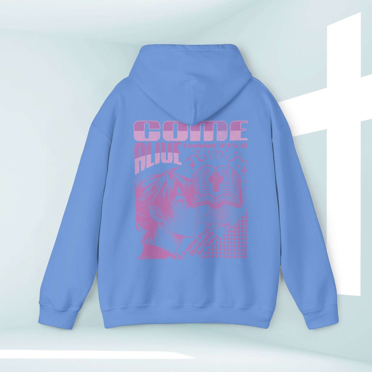 Christian hoodie apparel with Bible verse graphic, Come Alive, blue pullover sweatshirt, faith-based inspirational Christian streetwear