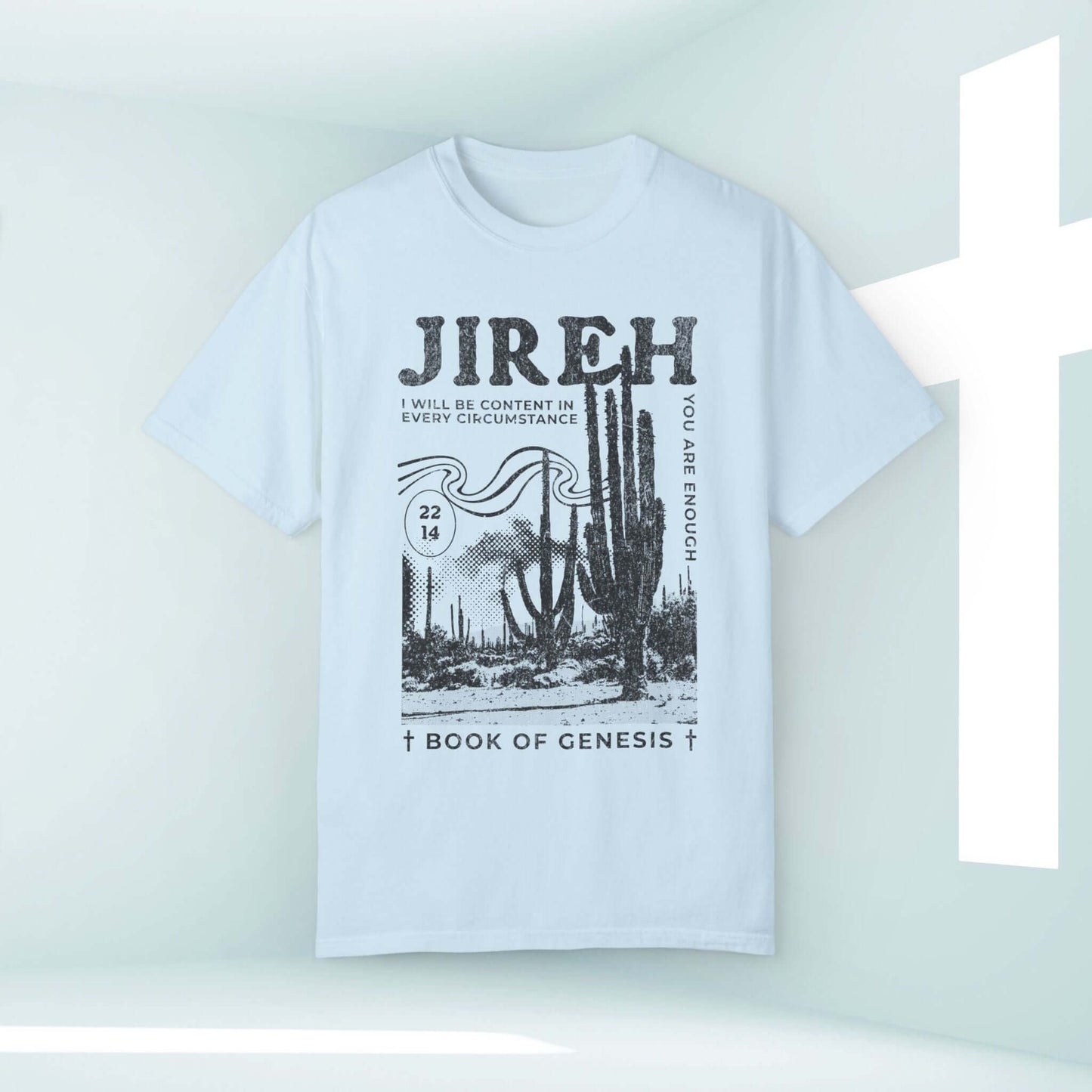 Jireh Christian t-shirt with cactus design and inspirational Bible verse from Book of Genesis on display, faith-based graphic tee for church and worship.