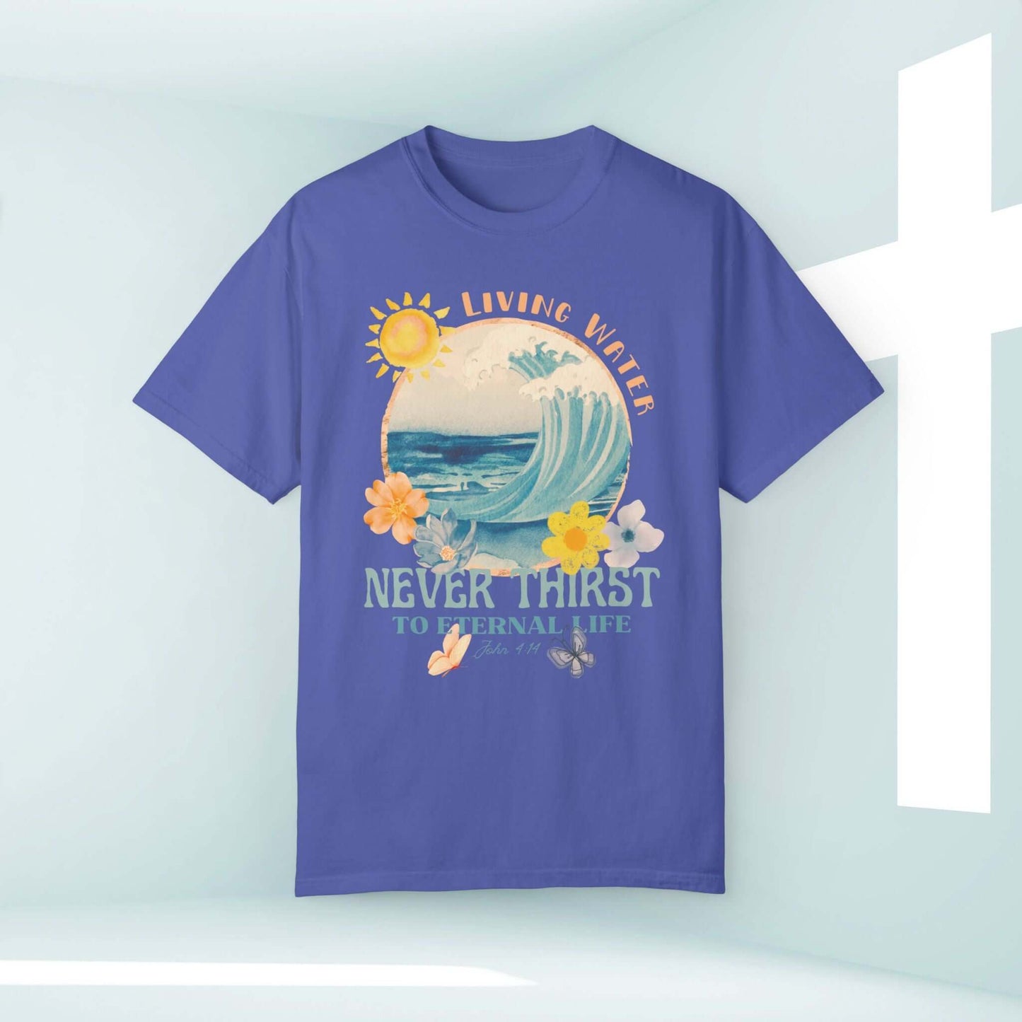 Purple Living Water Christian beach shirt with Bible verse and wave graphic, perfect for vacations or summer, faith-based tee for Christians