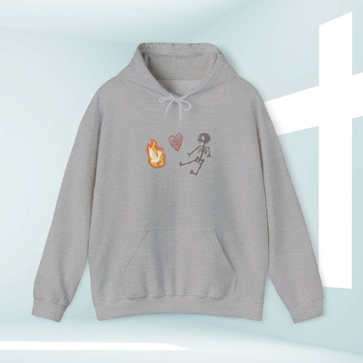 Christian Halloween hoodie with dancing skeleton, flame, and heart graphics, perfect Halloween gift and religious sweatshirt.