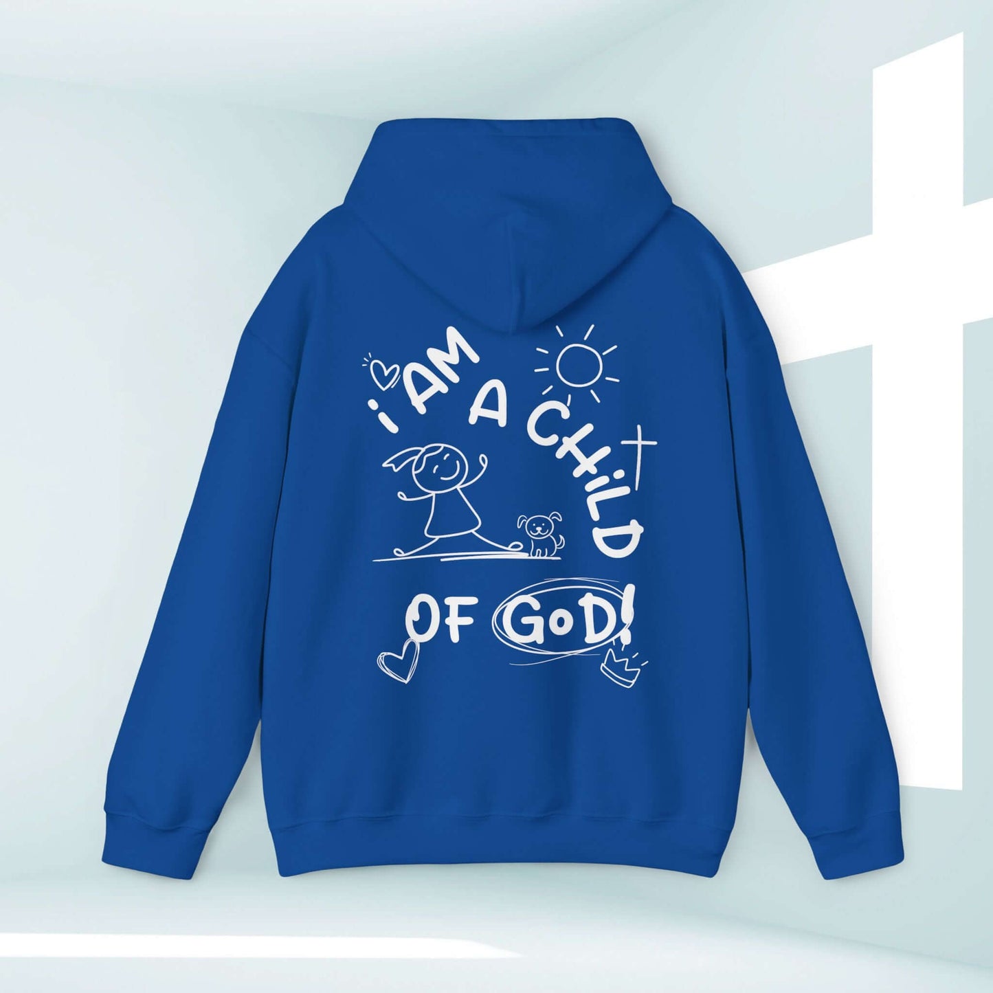 Blue "I Am A Child Of God" Christian Hoodie with Dog Design, Women's Faith-Inspired Hooded Sweatshirt for Comfort and Warmth