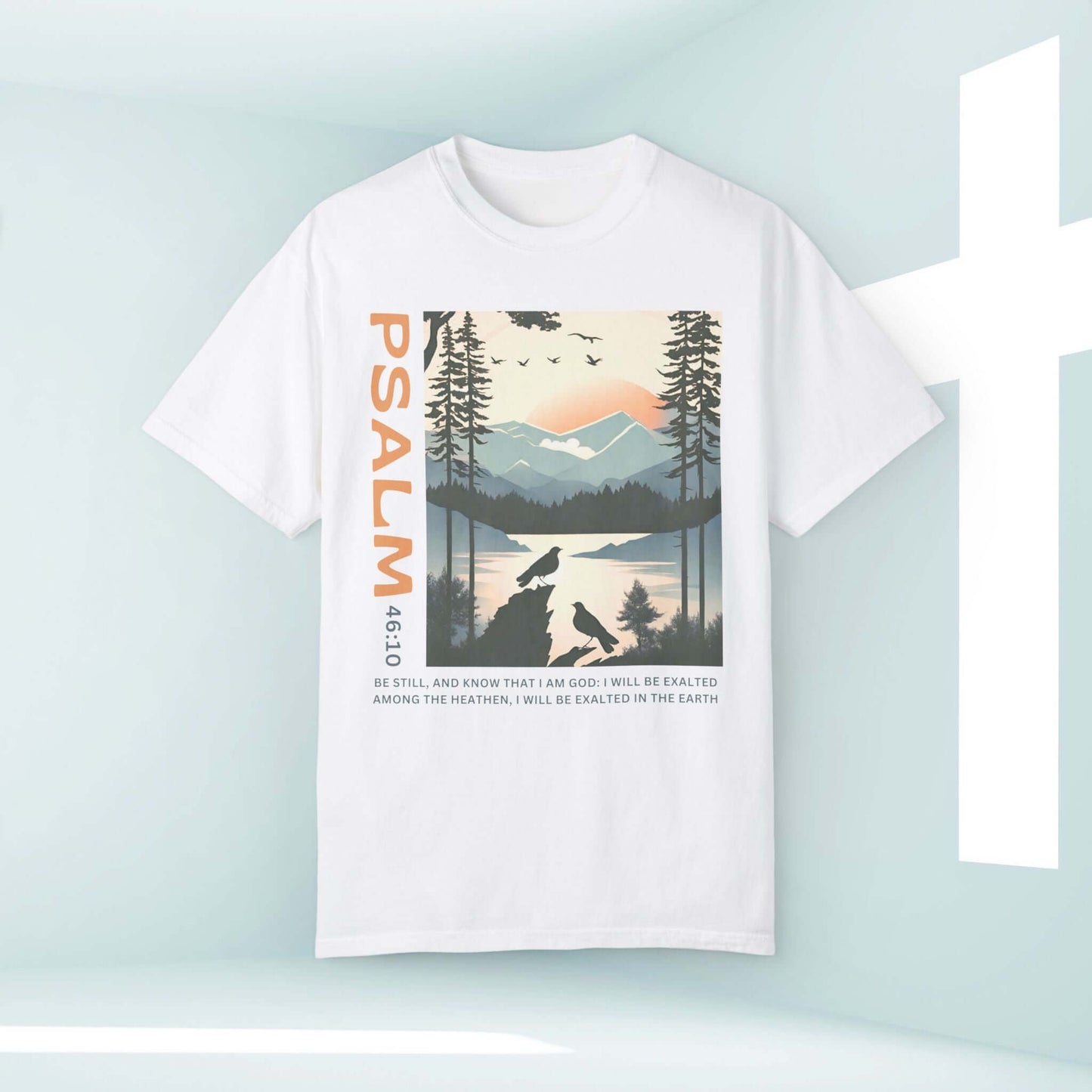 Peace Be Still Birds Christian T-Shirt with Psalm 46:10, faith-based graphic tee showcasing serene nature scene and bible verse.