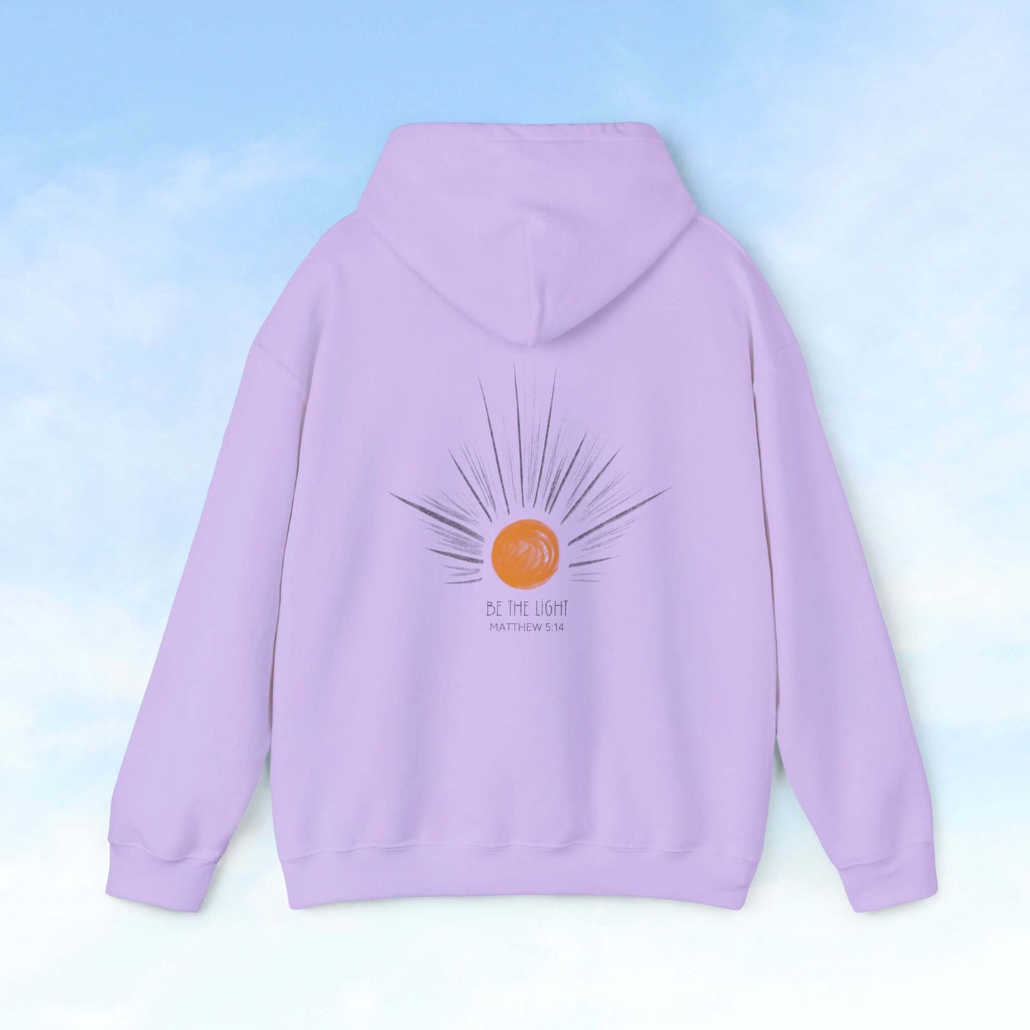 Back view of Be The Light Sunburst Christian hoodie with celestial sun graphic and Bible verse, perfect gift for Christian women.