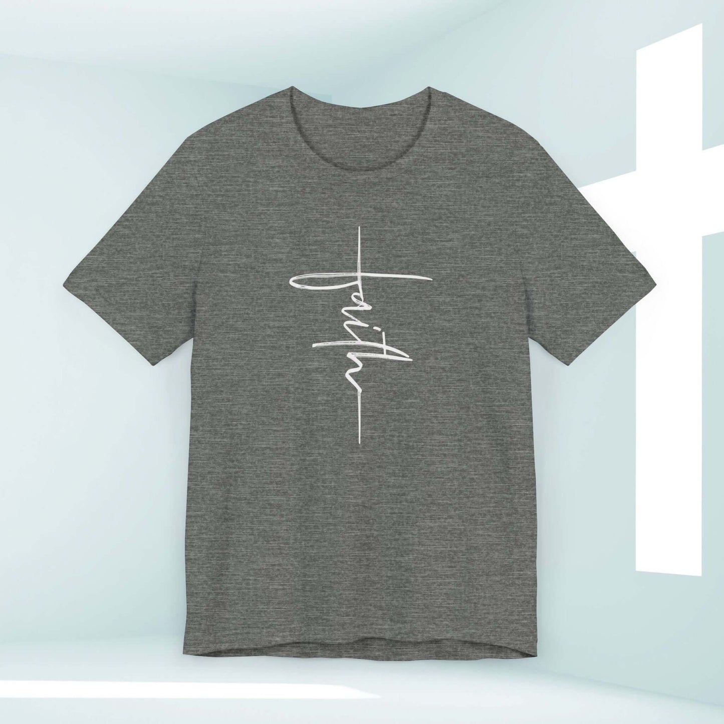 Women's Christian t-shirt with cross and "faith" script, perfect for inspiration and spreading faith through stylish Christian clothing.