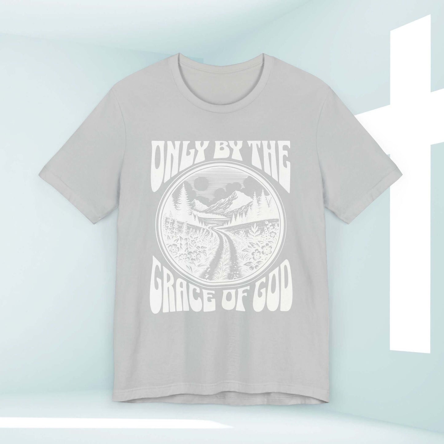 Only By The Grace of God Christian T-Shirt with Scenic Design in Light Gray for Inspirational Faith-Based Apparel