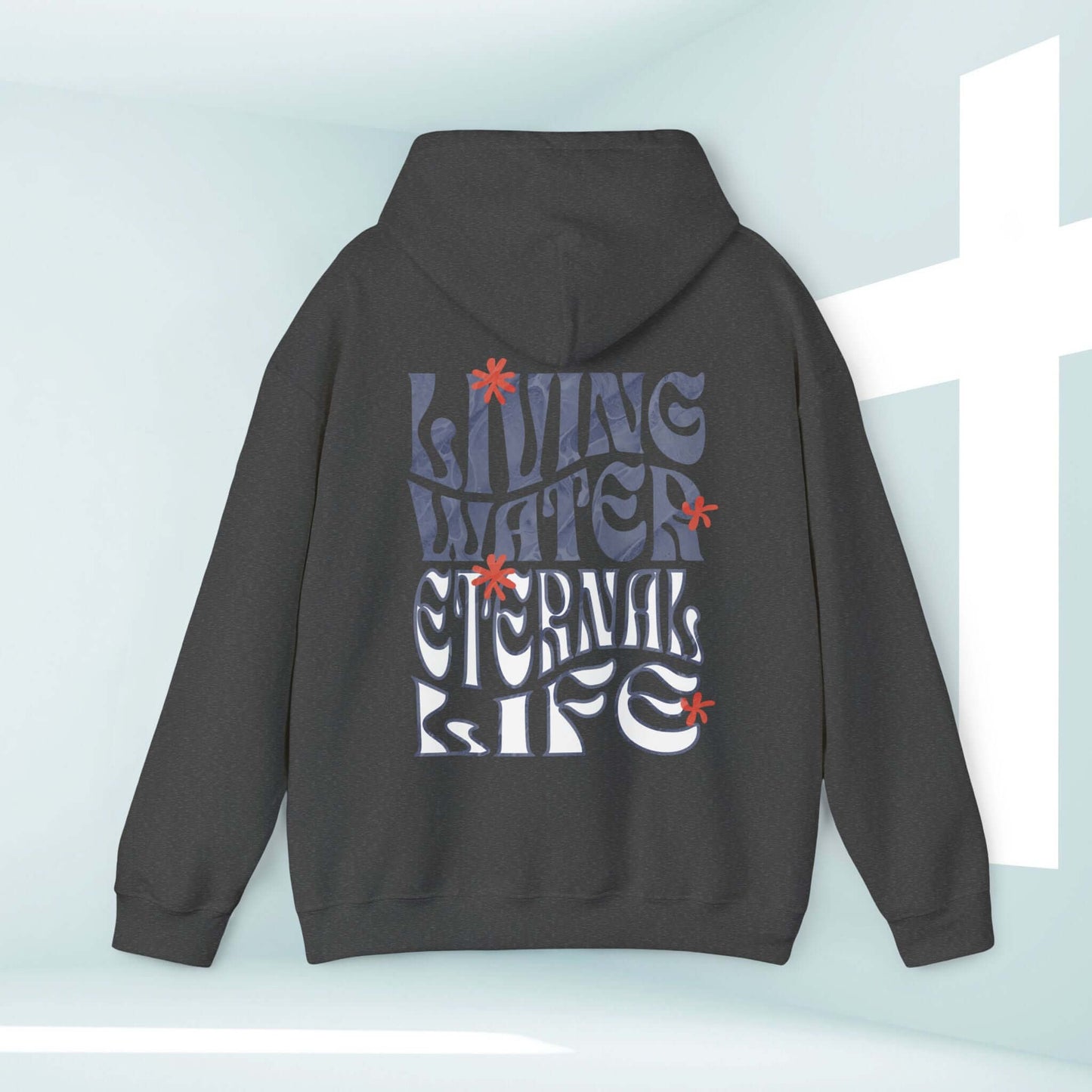 Living Water Never Thirst black Christian hoodie with graphic text and cross in background.