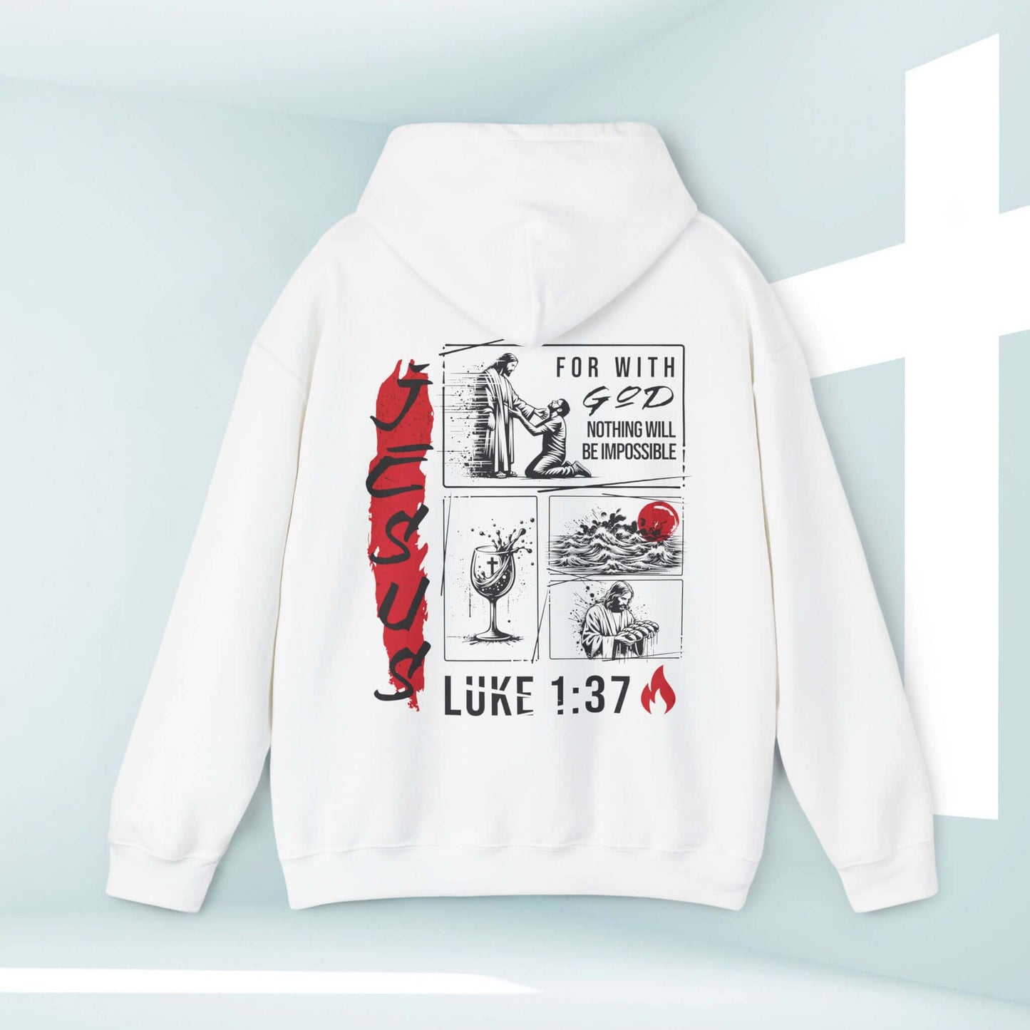 Mens Christian Jesus Hoodie with Bible Verse Luke 1:37, For With God Nothing Will Be Impossible, Inspirational Religious Sweatshirt for Faith