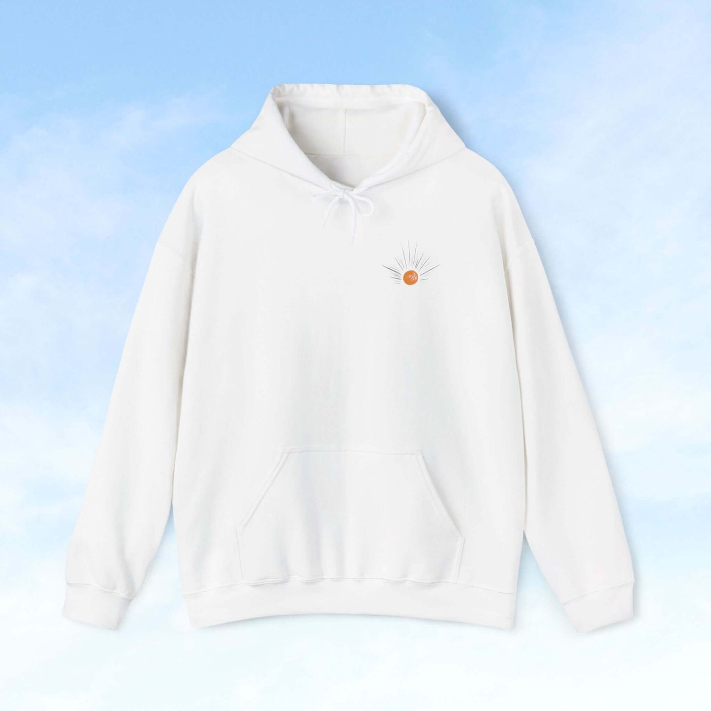 White "Be The Light" Sunburst Christian hoodie with sun rays graphic on the front, perfect Christian apparel gift.