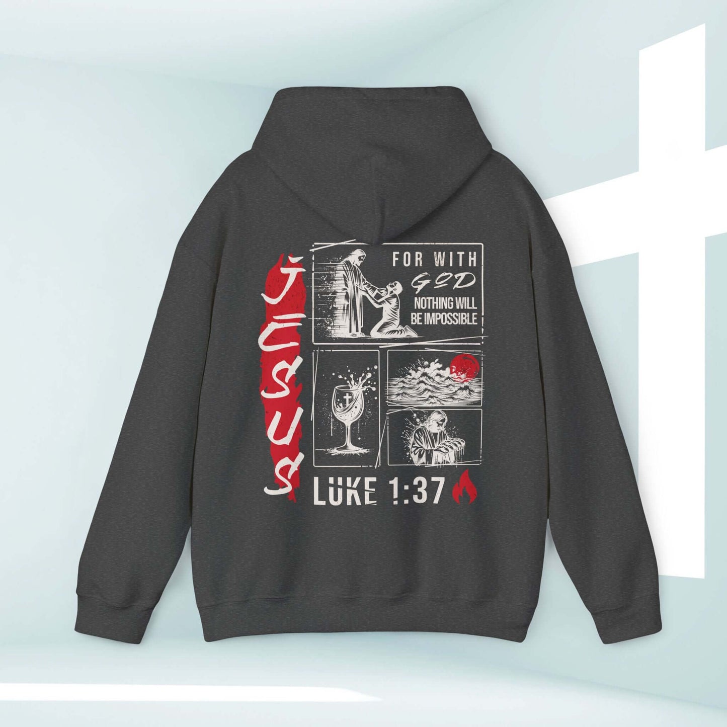 Mens Christian Jesus Hoodie with Bible Verse "For with God nothing will be impossible" Luke 1:37 - Religious Shirt for Men of Faith