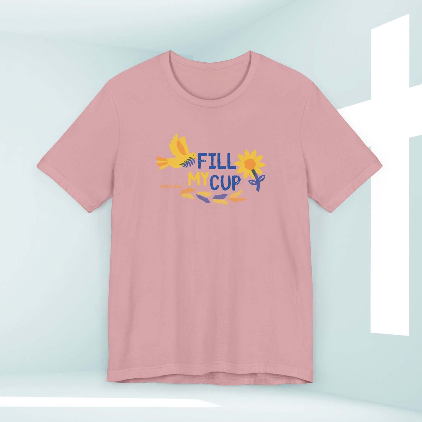 Floral Fill My Cup bird and flower Christian t-shirt for women, faith-based religious tee with Jesus message, perfect Christian gift.