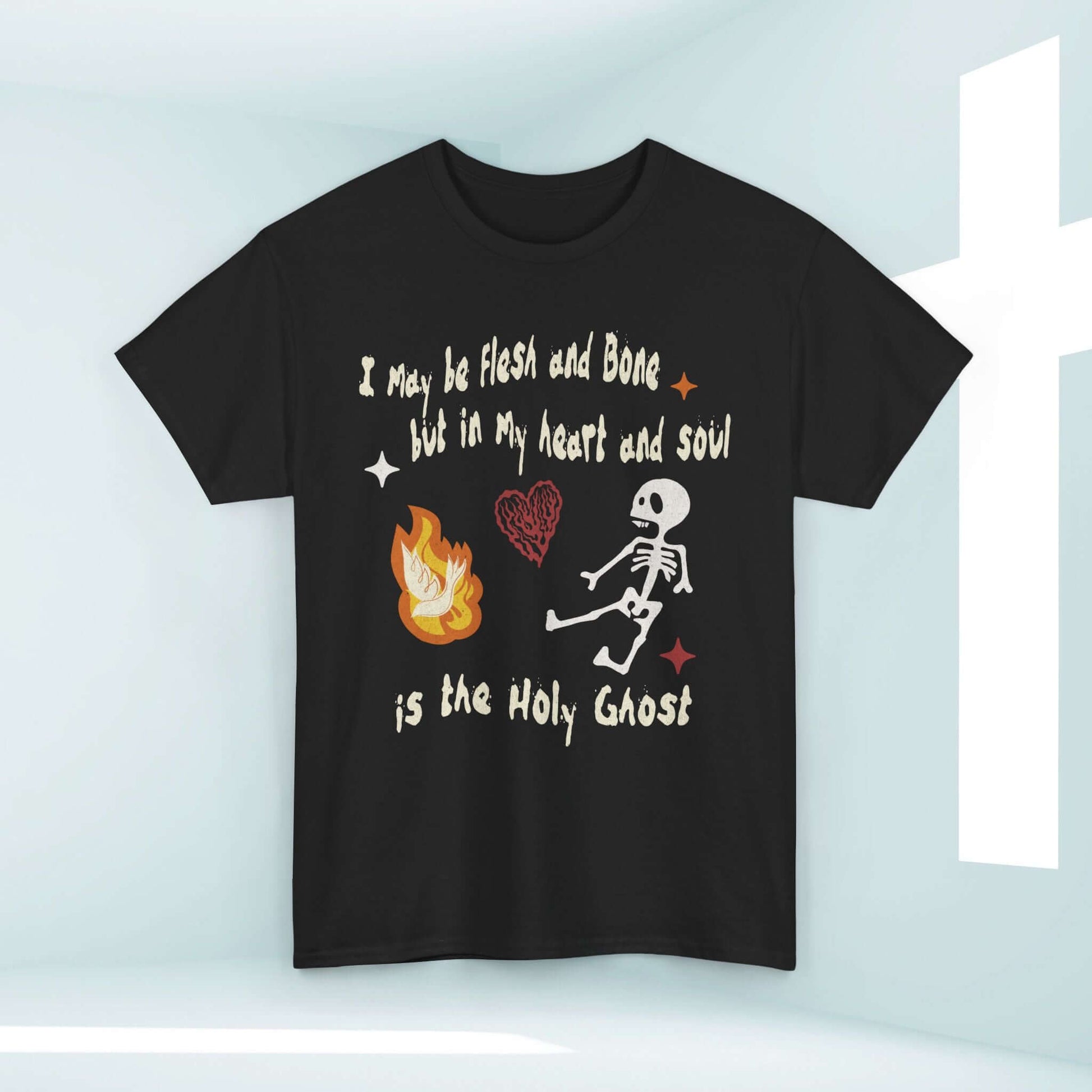 Christian Halloween shirt with dancing skeleton and "In My Heart And Soul Is The Holy Ghost" scripture design.