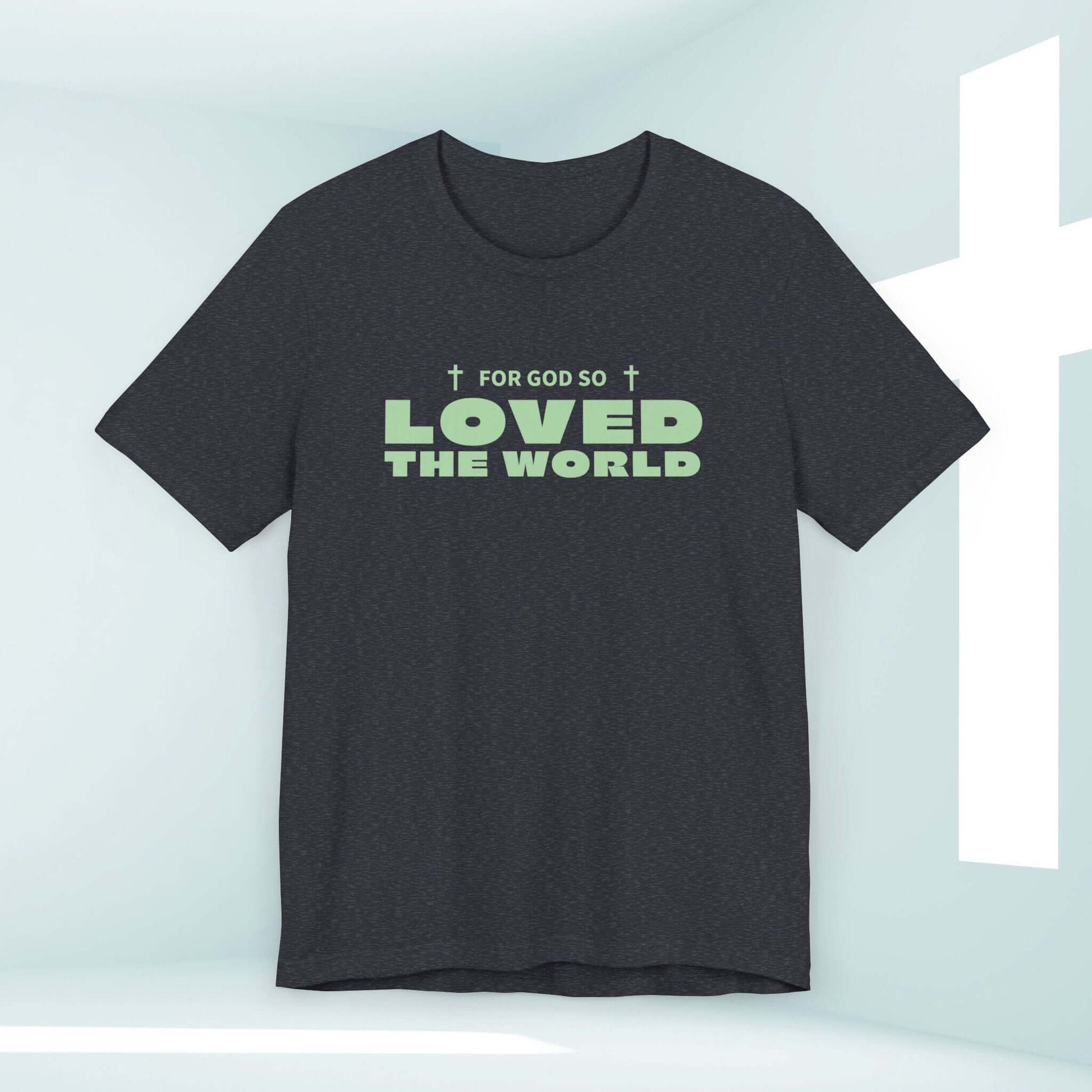 "John 3:16 shirt with 'For God So Loved the World' message in stylish modern font, perfect Christian apparel for spreading faith and love"