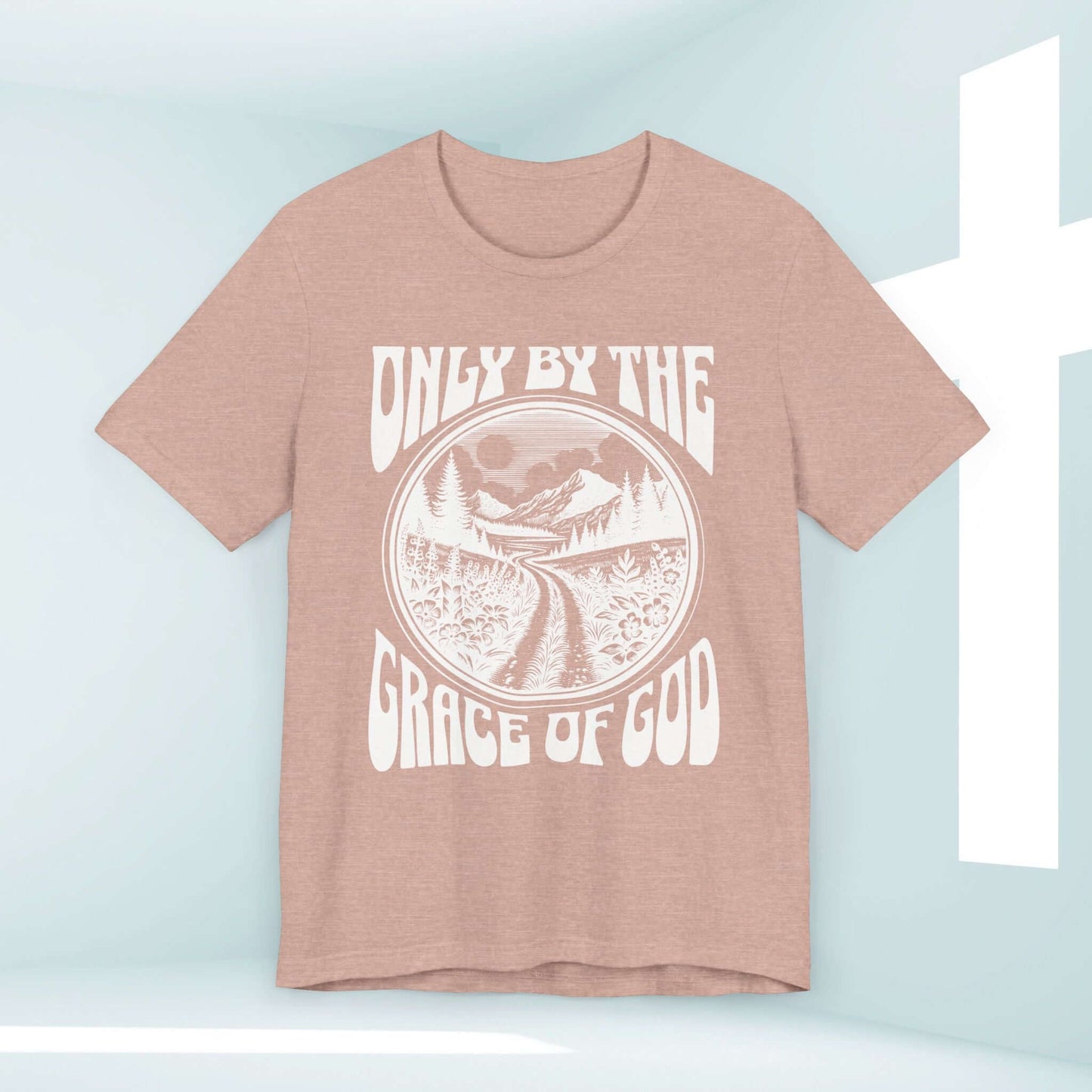 "Only By The Grace Of God Christian t-shirt in beige with inspirational scripture design, perfect as a religious church tee and faith-based apparel"