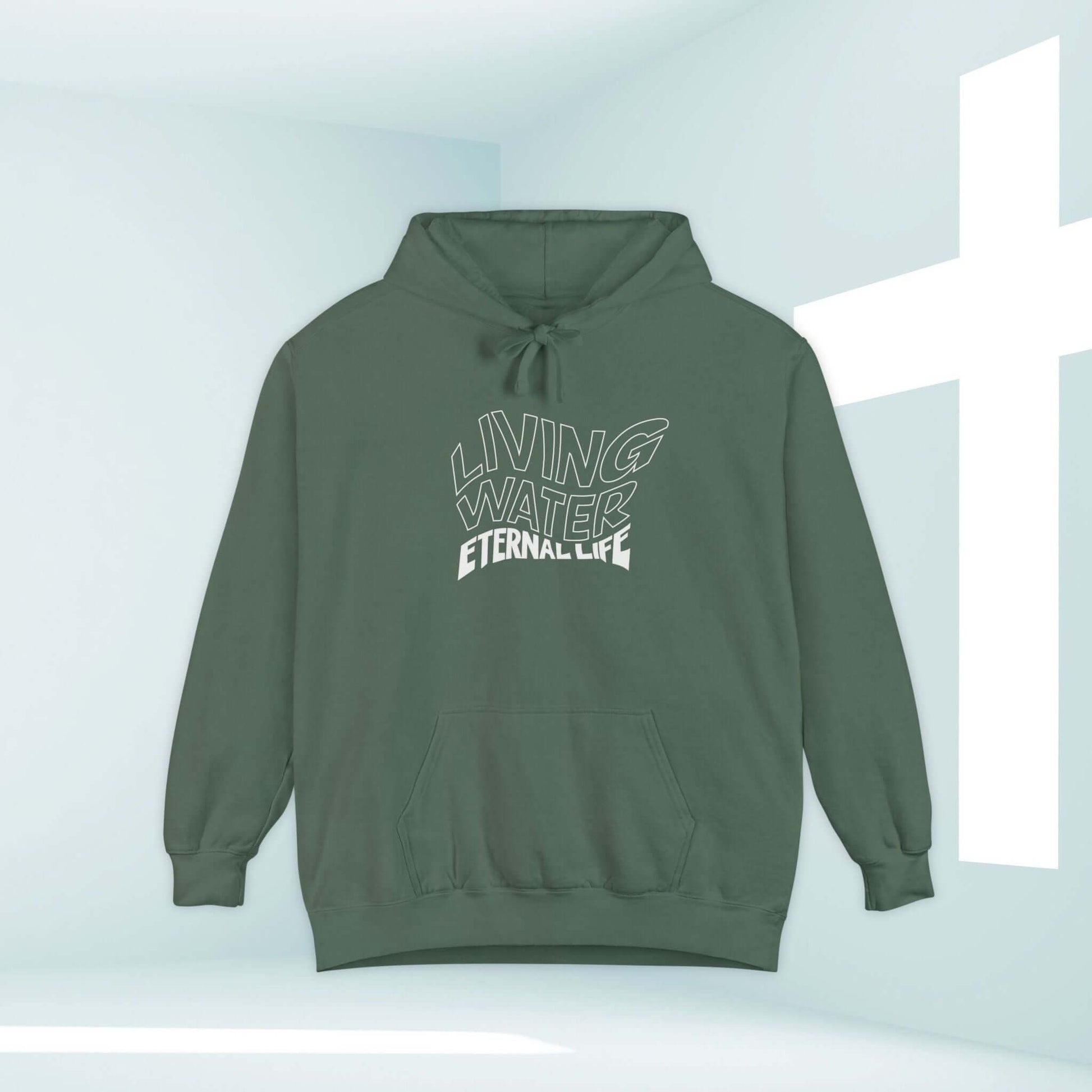 Living Water Eternal Life Christian Hoodie in green with Bible verse text, perfect for faith-based fashion and inspiration