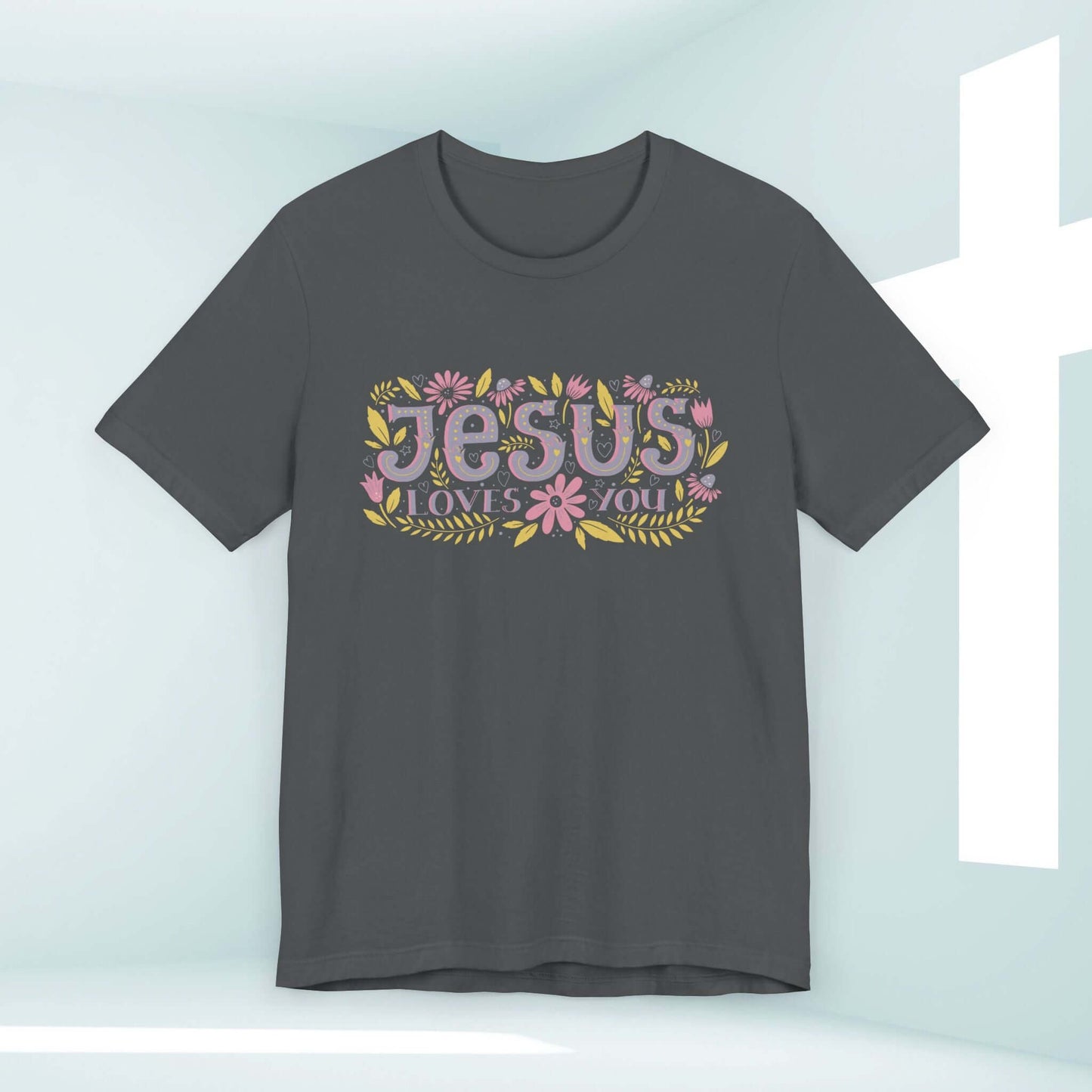 Women's "Jesus Loves You" Christian tee with floral design, perfect for sharing faith and inspirational messages. Ideal Christian gift or apparel.