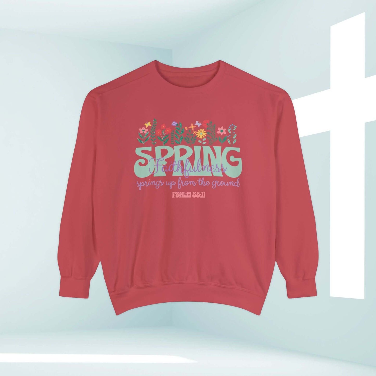 Christian sweatshirt with floral design and Bible verse, red crewneck pullover, inspirational spring flower shirt with scripture