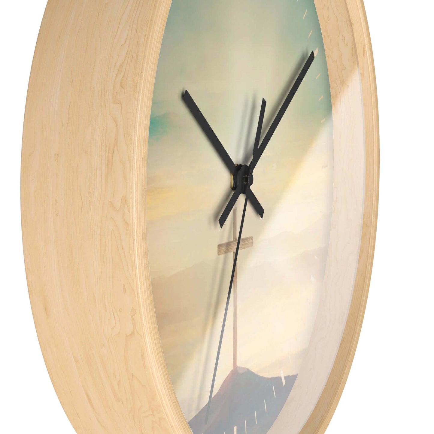 Beautiful Sky Christian cross wall clock with wooden frame, Plexiglass face, and Psalm 19:1 artwork, ideal for Christian decor and gifts.