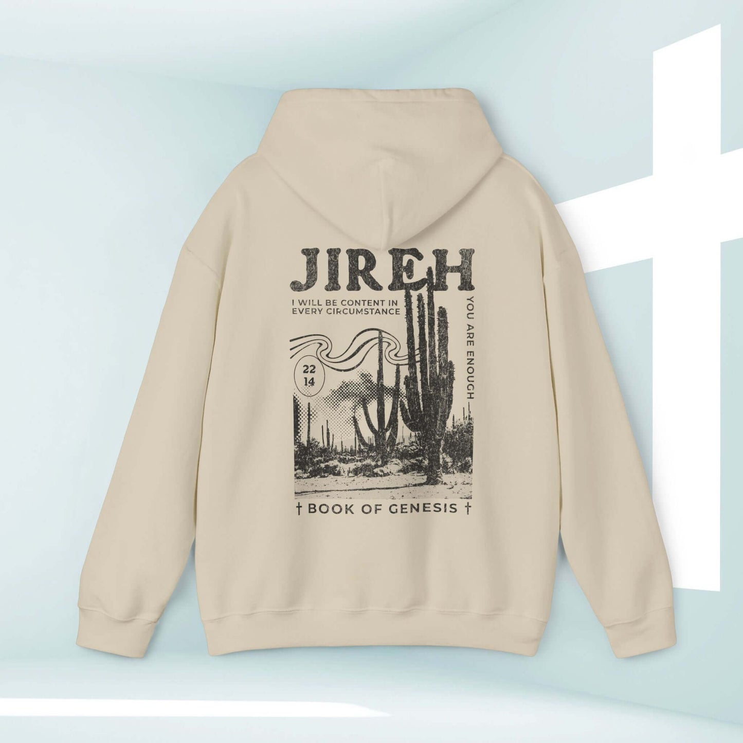 Christian hoodie Jireh boho hooded sweatshirt with Bible verse and cactus design on back, faith-based apparel