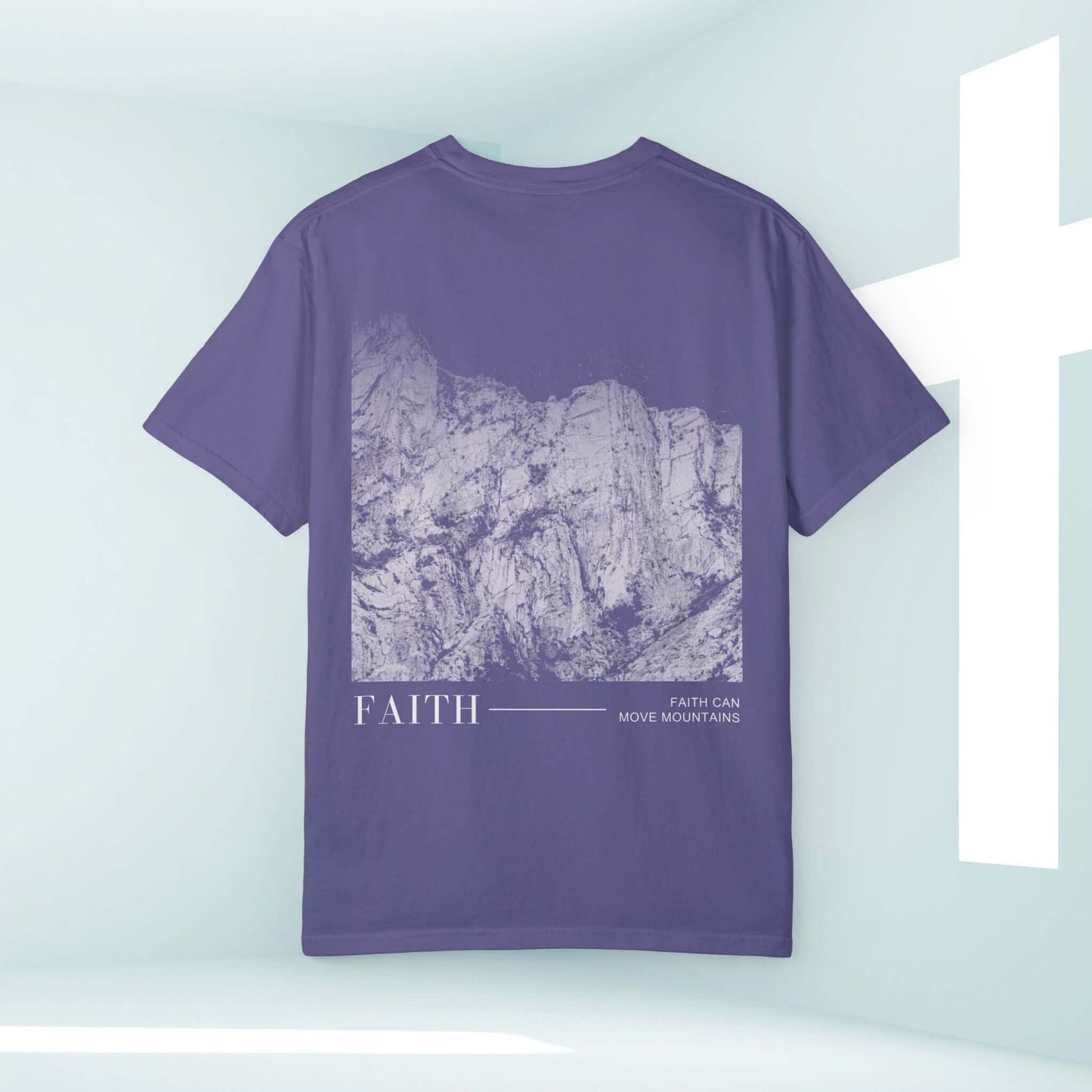 Faith Can Move Mountains Christian t-shirt featuring a mountain graphic, perfect faith tee for sharing inspiring Bible verses and Jesus' message.