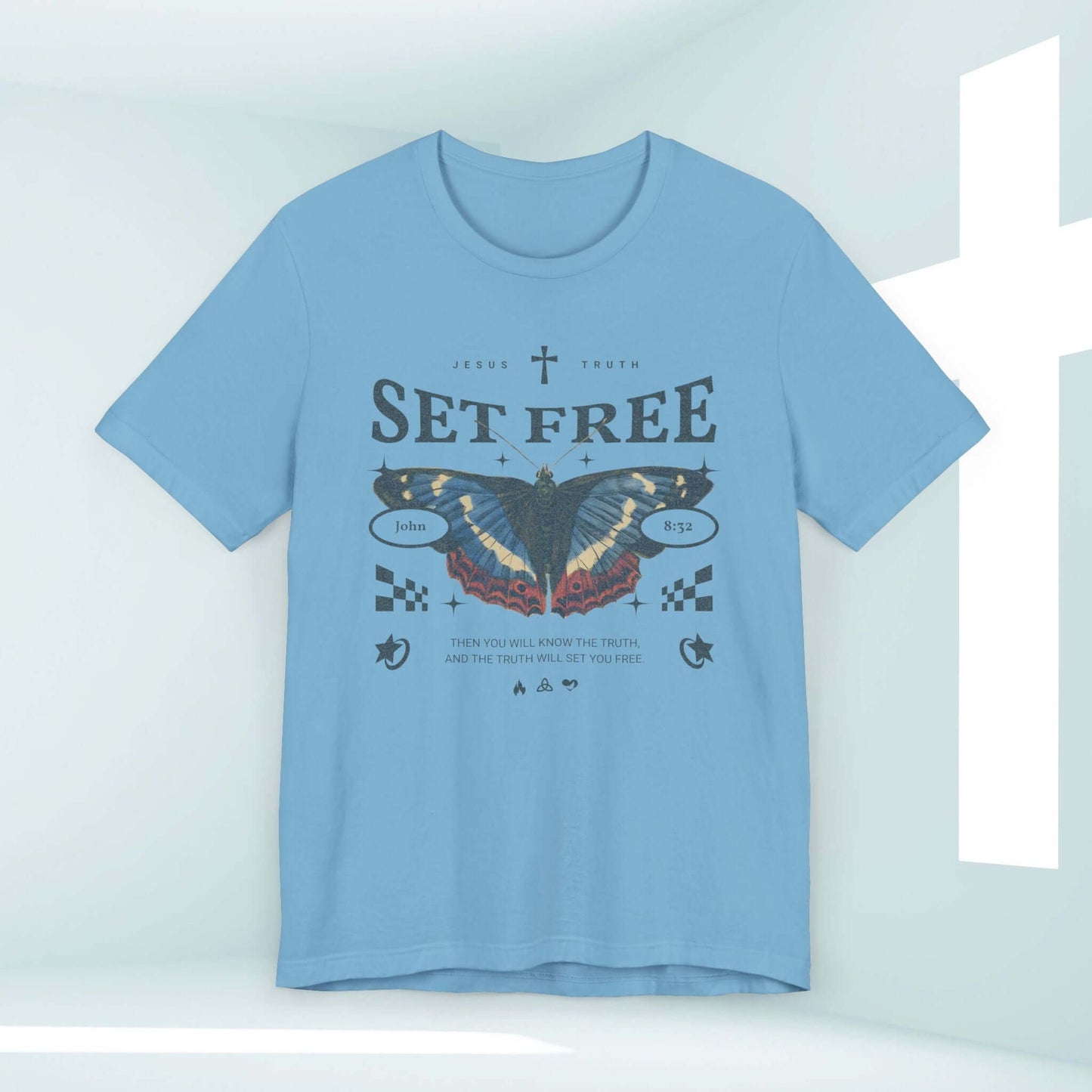 Blue "Butterfly Set Free" Christian T-shirt with Bible verse design, perfect for faith, church, and religious streetwear.