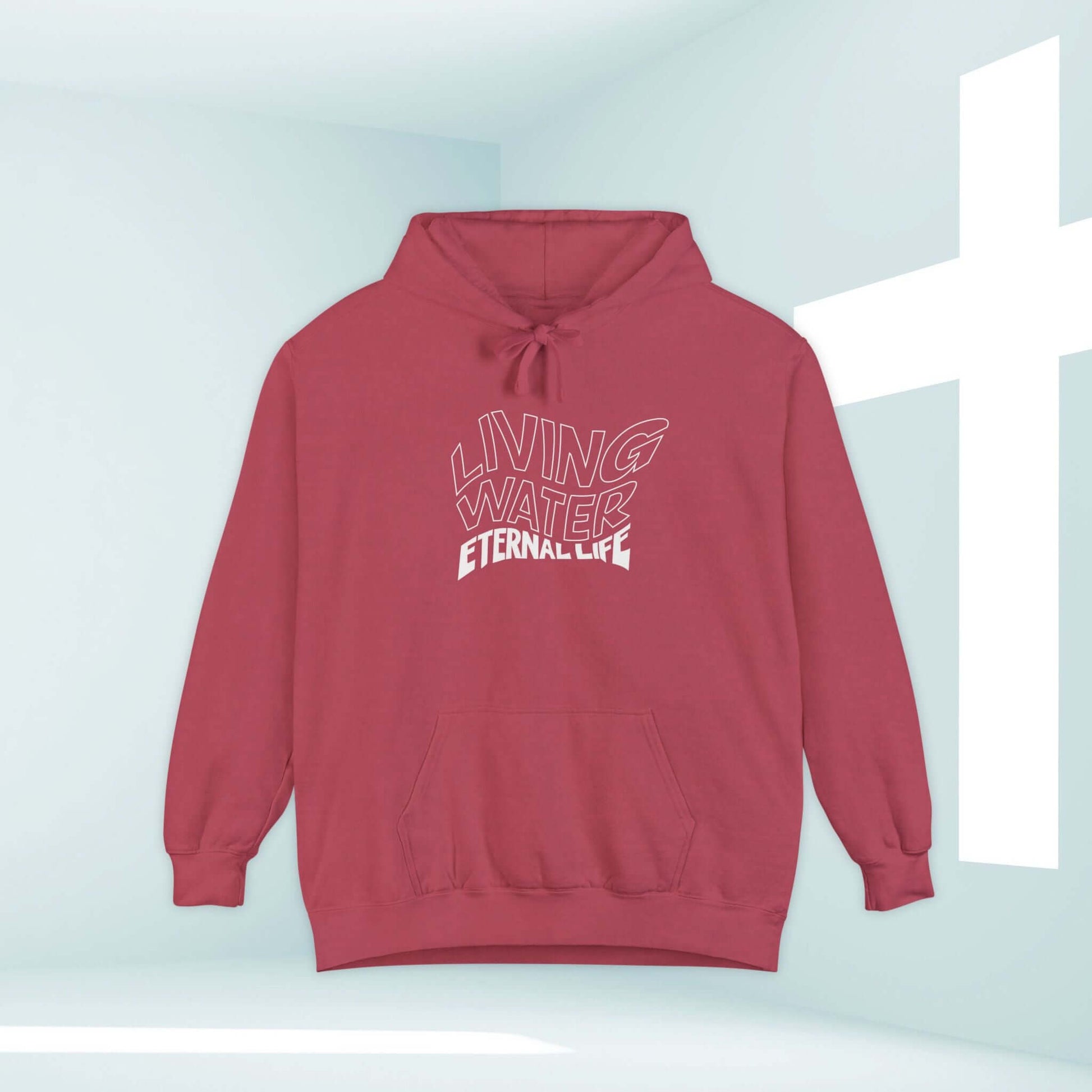 Living Water Eternal Life Christian Hoodie in red with Bible verse in front of a cross background