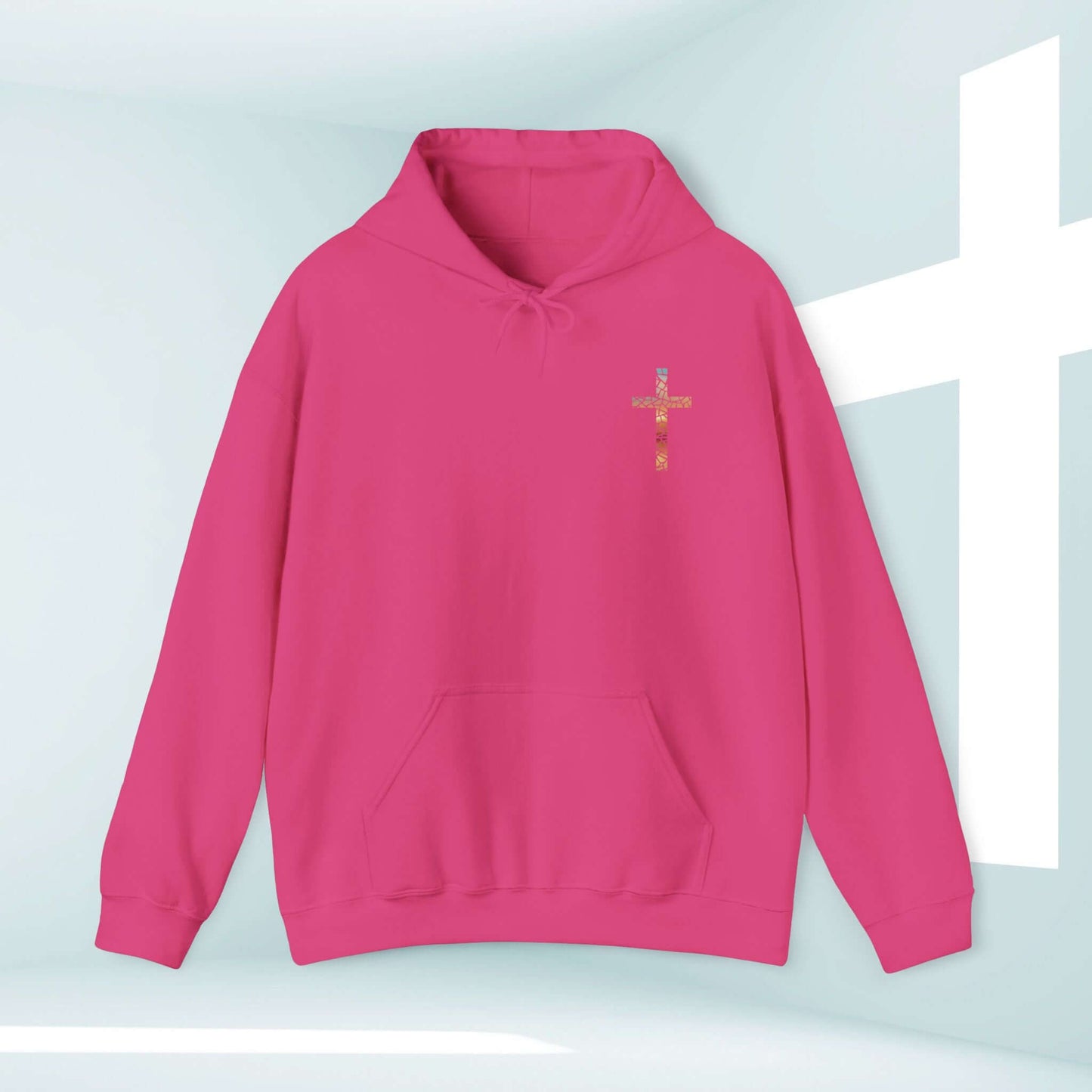 Pink "God Turns Broken Pieces Into Masterpieces" Christian hoodie with cross graphic, perfect for worship and religious gifts.