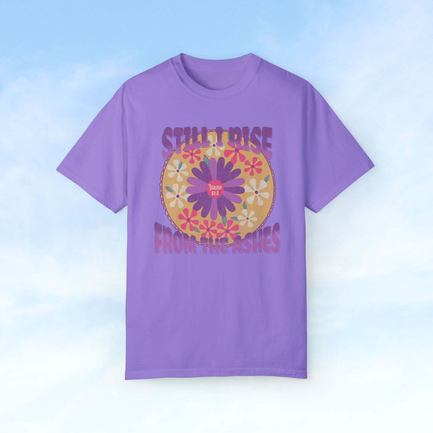 Purple Christian flower shirt with "Still I Rise From The Ashes" bible verse, featuring a floral boho design, perfect for church wear.