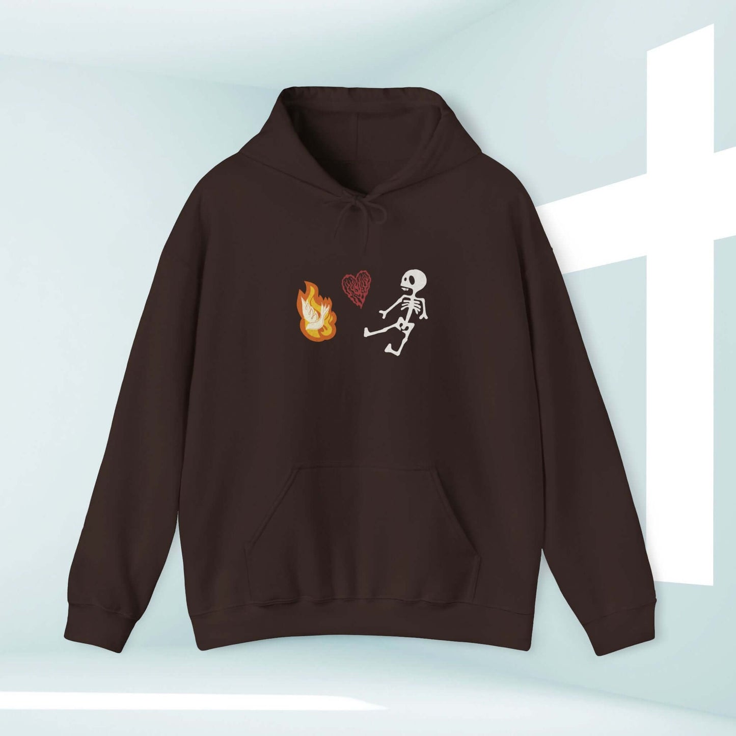 Christian Halloween hoodie with skeleton, heart, and flame design, perfect religious Halloween gift and warm faith sweatshirt.