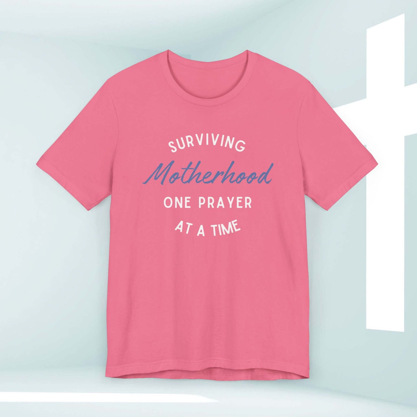 Surviving Motherhood One Prayer At A Time Christian Tee in pink, inspirational faith-based t-shirt, Christian clothing for moms