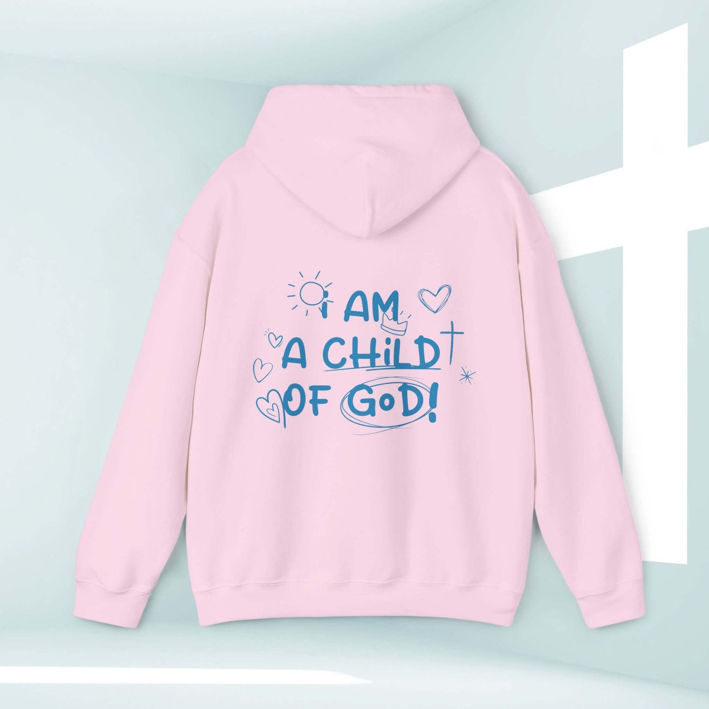 Pink "I Am A Child Of God" Christian hoodie with blue text, bible verse inspirational hooded sweatshirt for faith-based apparel.