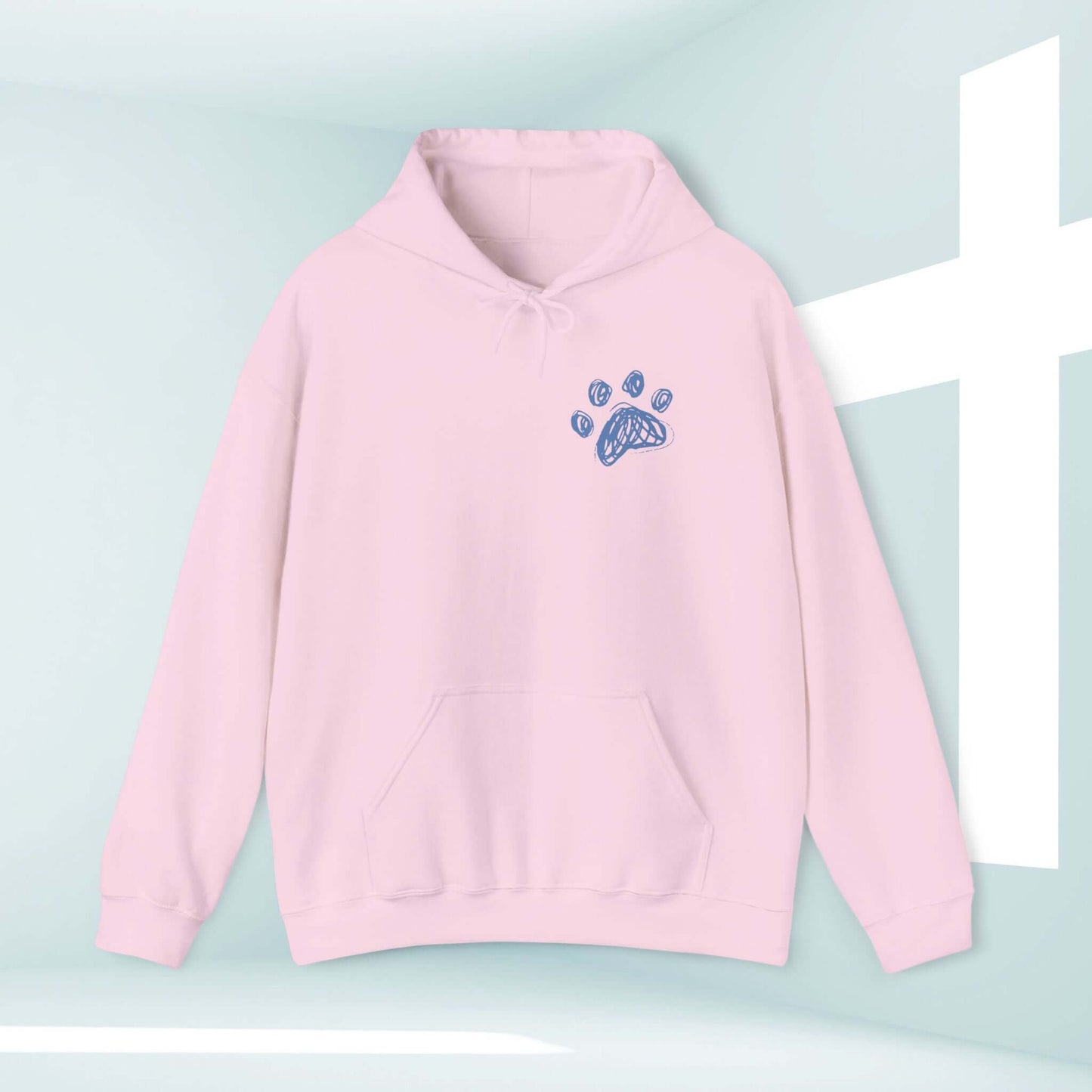 Pink Christian hoodie with dog paw graphic, perfect for dog lovers and faith-inspired individuals.