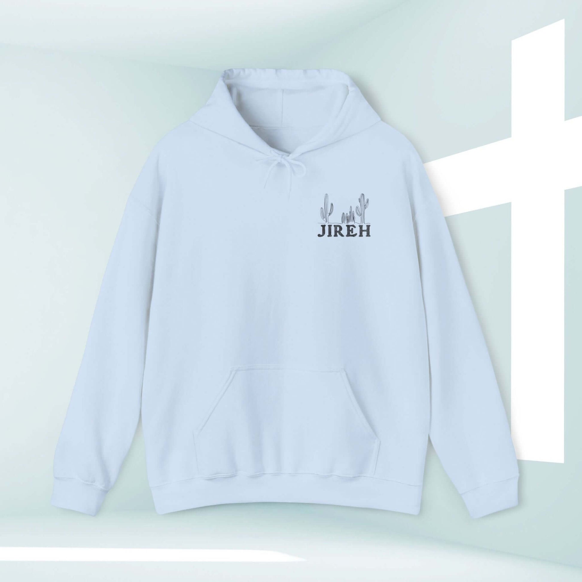 Jireh Christian hoodie with cactus design, boho hooded sweatshirt for faith-based inspiration and religious apparel.