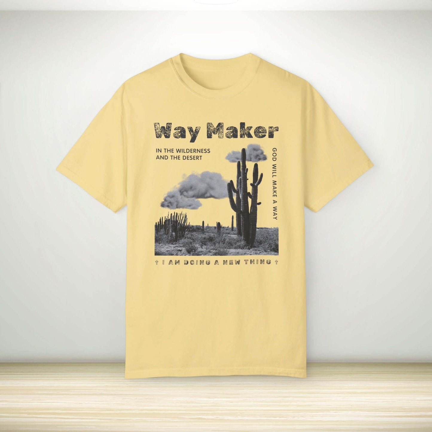 Way Maker Christian T-Shirt with inspirational bible verse graphic in desert design, perfect faith shirt for worship or as a pastor wife gift.