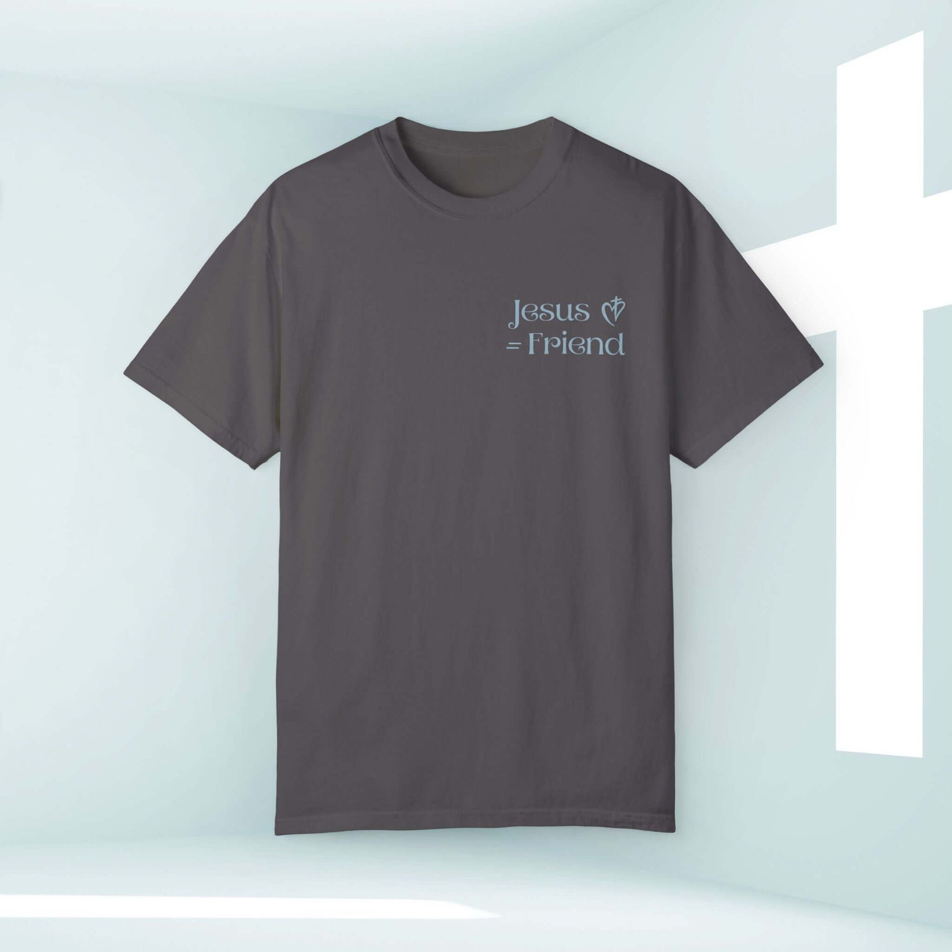 "I Found A Friend In Jesus black Christian t-shirt with white cross background"