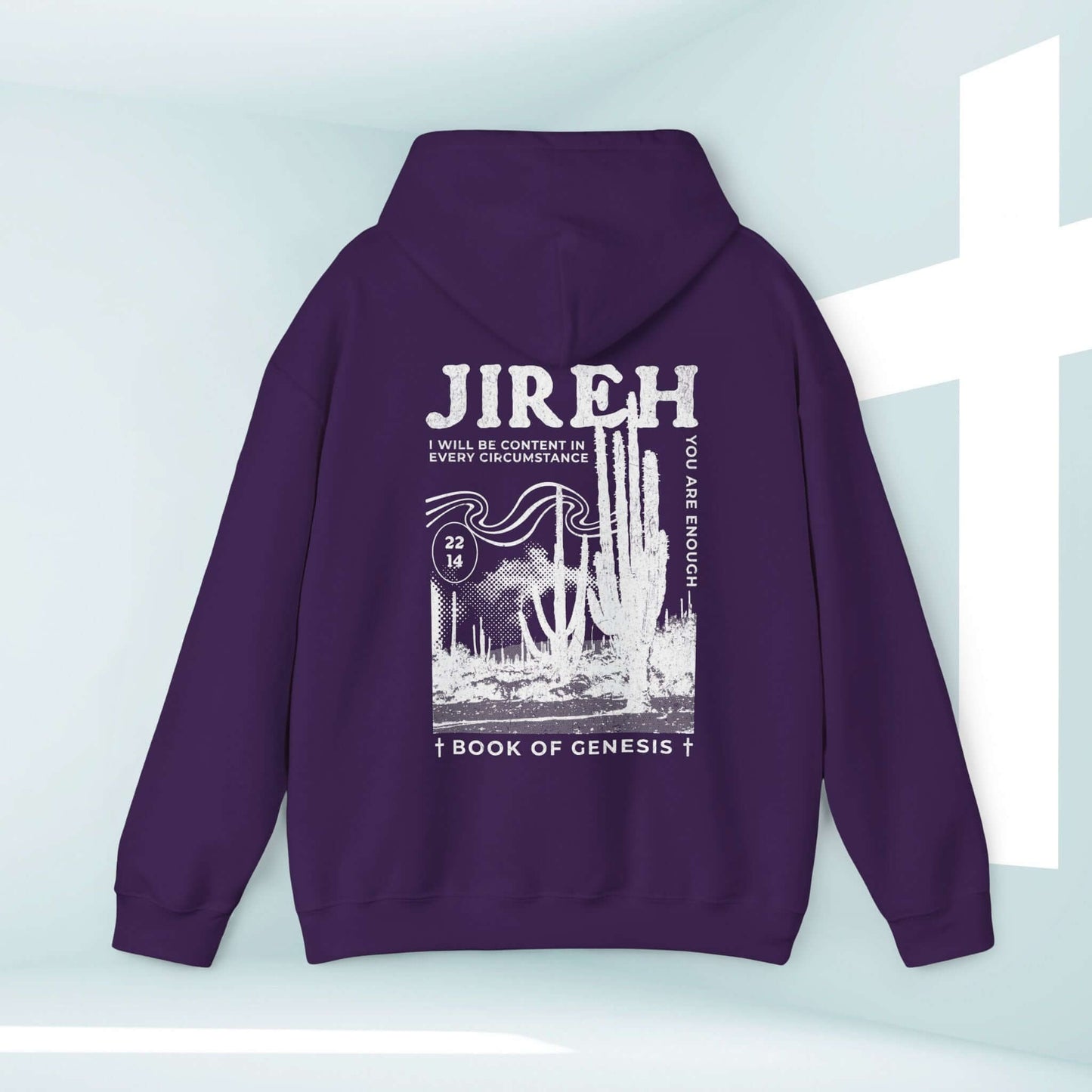 Faith-based boho hoodie with cactus design, Jireh Christian hooded sweatshirt featuring Bible verse from the Book of Genesis.