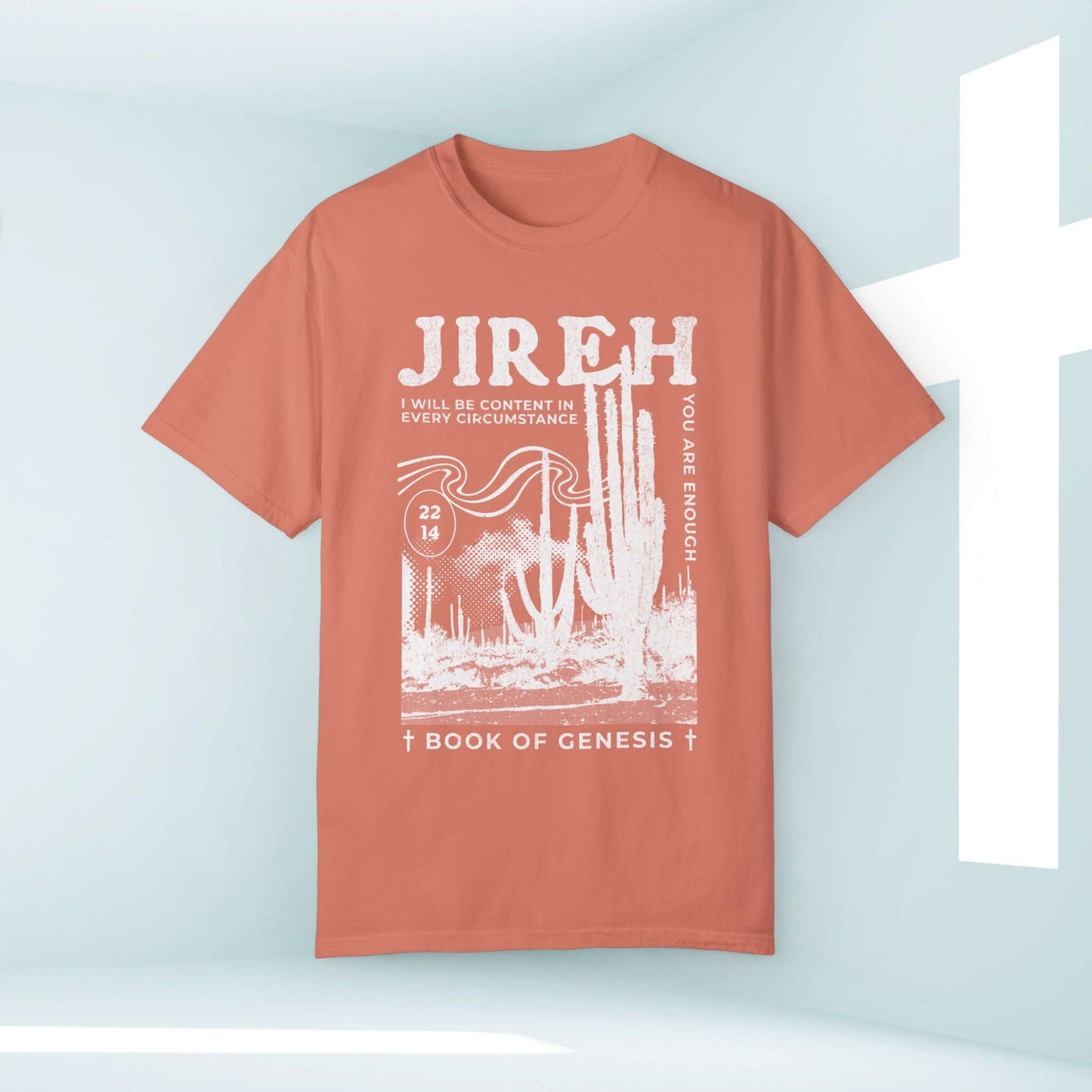 Jireh Christian boho t-shirt with a cactus design, featuring an inspirational Bible verse from Genesis, perfect for faith-based worship and church.