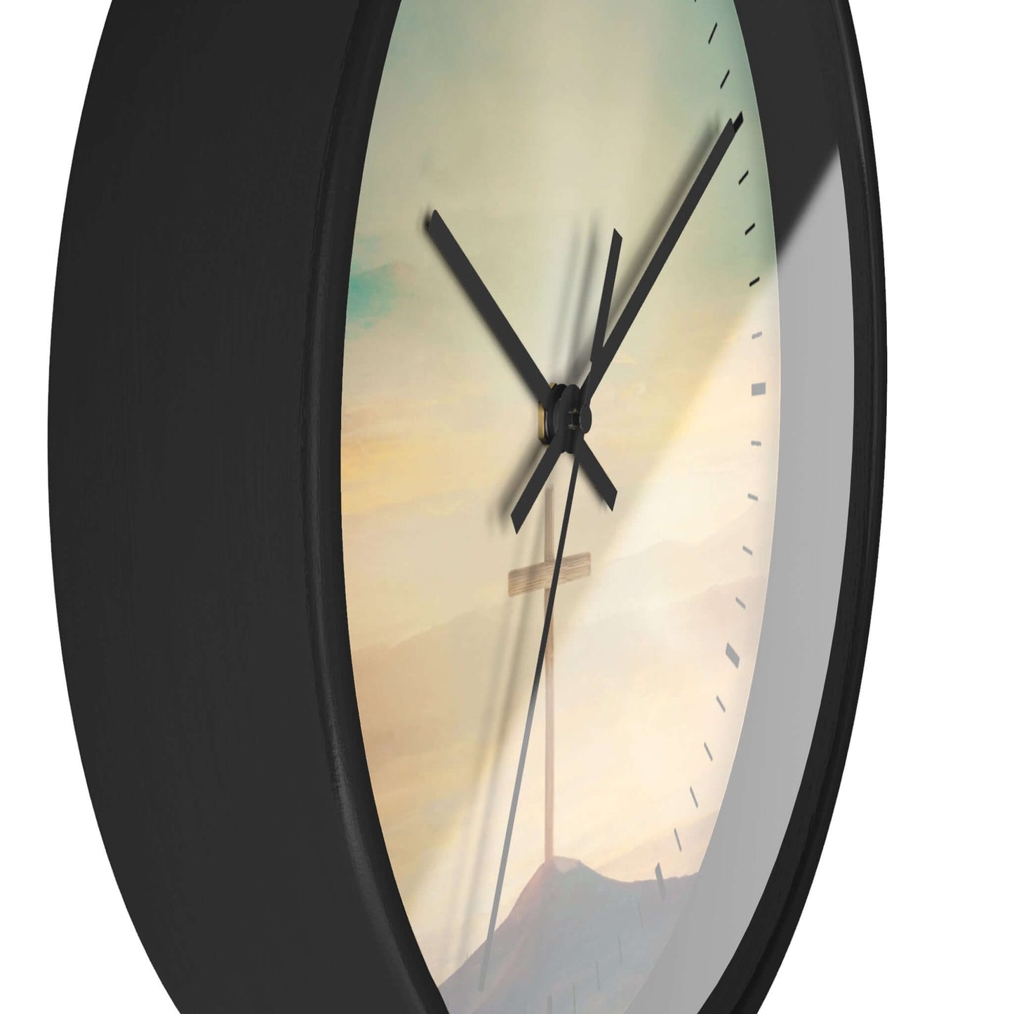 Beautiful Sky Christian Cross wall clock with wooden frame and Plexiglass face, perfect for Christian art and religious decor.