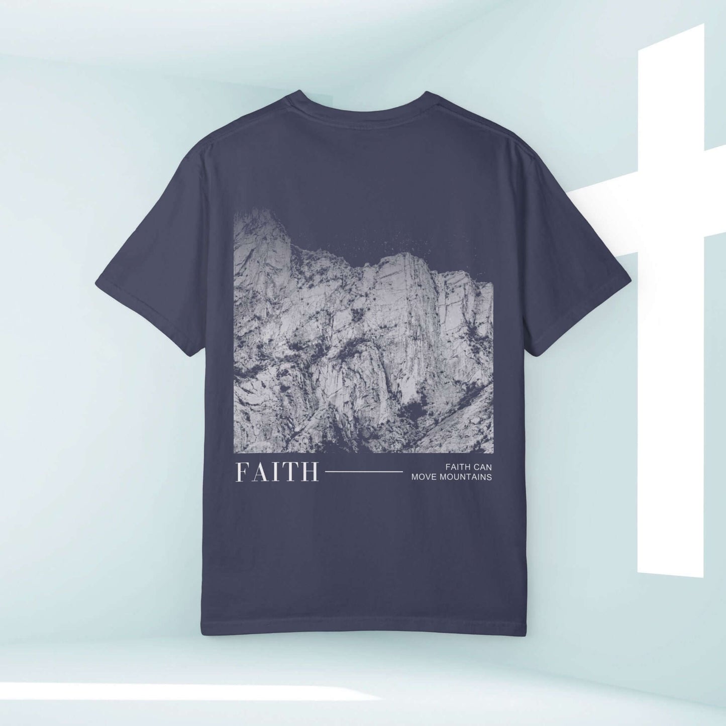 "Faith Can Move Mountains Christian Shirt with Mountain Graphic and Bible Verse"