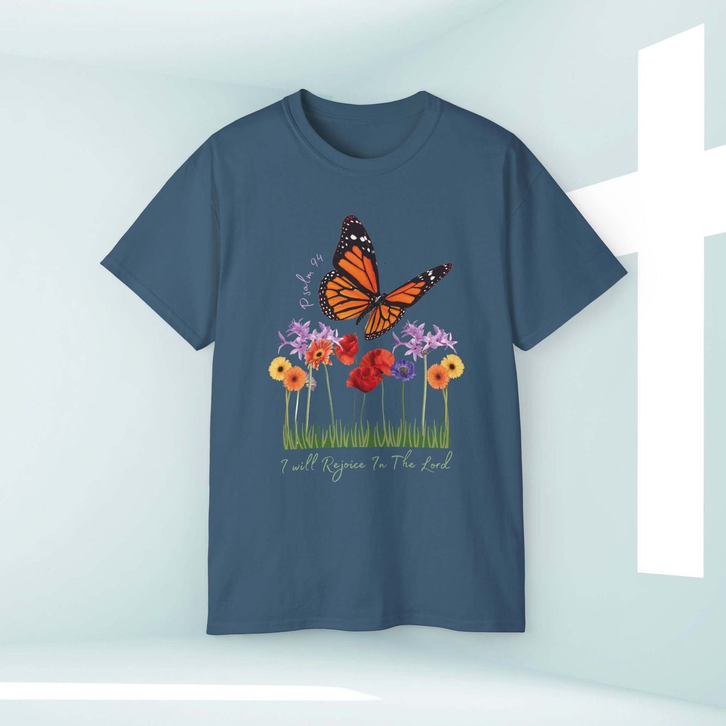 "I Will Rejoice In The Lord butterfly and floral Christian t-shirt, faith-based Jesus shirt, inspirational Christian apparel"