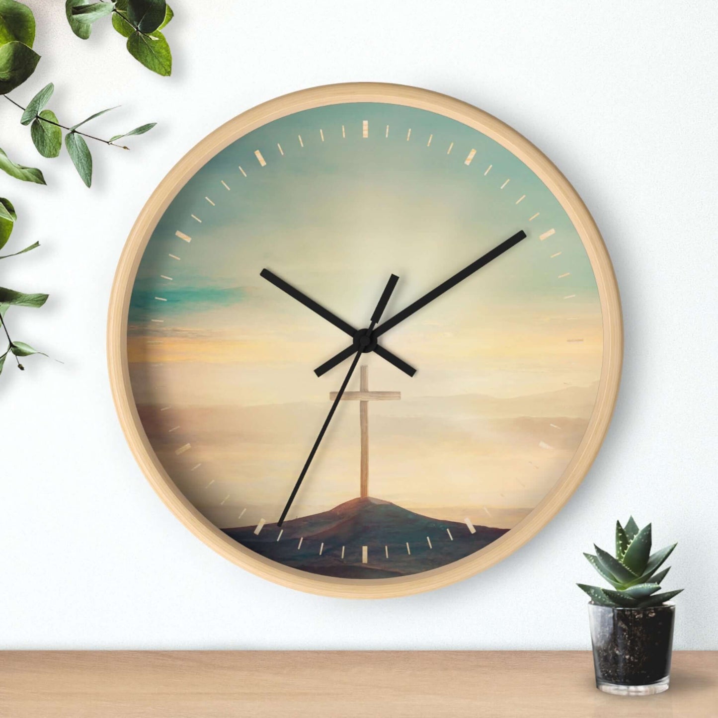 Beautiful Sky Christian cross wall clock with Psalm 19:1, wooden frame, silent clock mechanism, ideal for Christian décor and religious gifts.