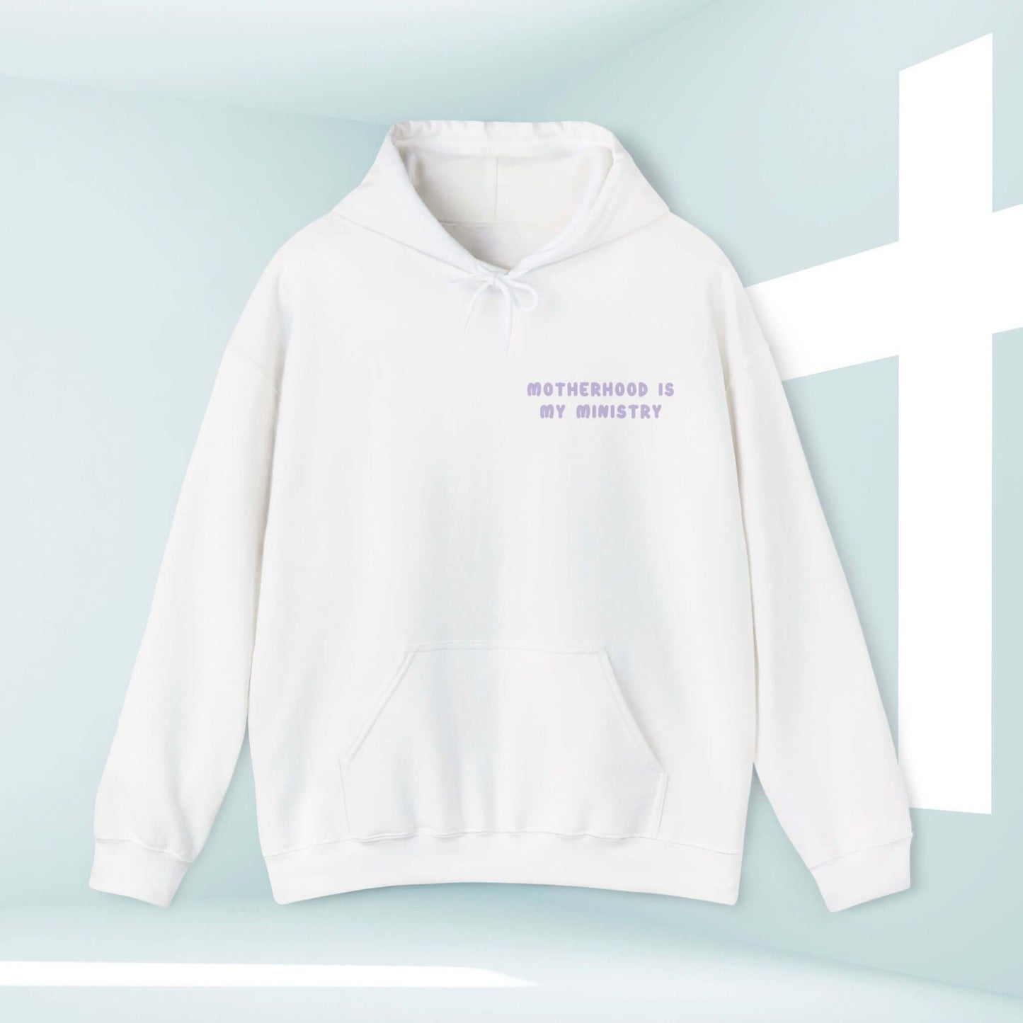 Motherhood Is My Ministry Christian Hoodie, white hooded sweatshirt gift for new moms and homeschoolers, inspirational womens clothing