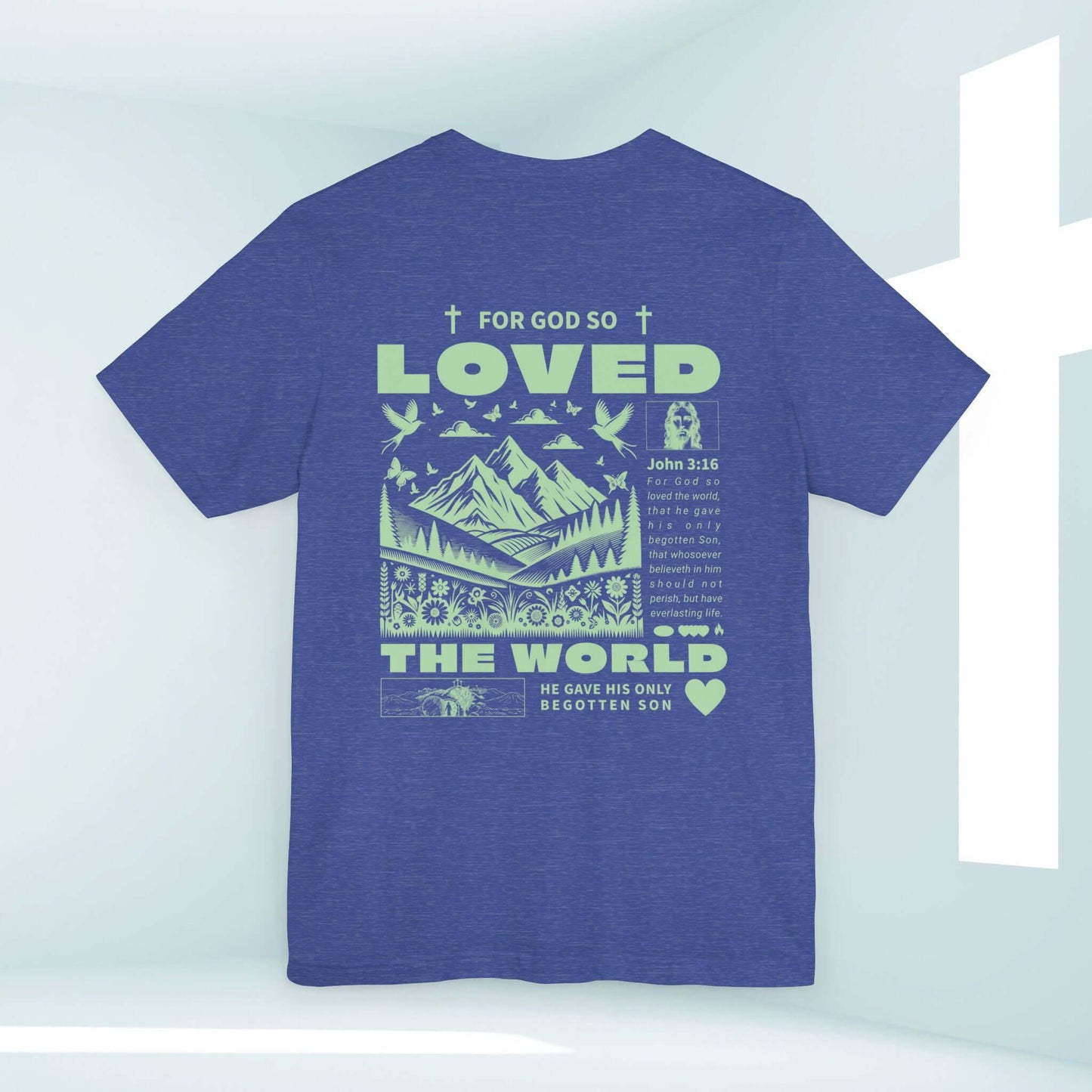 John 3:16 Christian t-shirt with "For God So Loved the World" design, perfect bible verse shirt for spreading faith and hope.