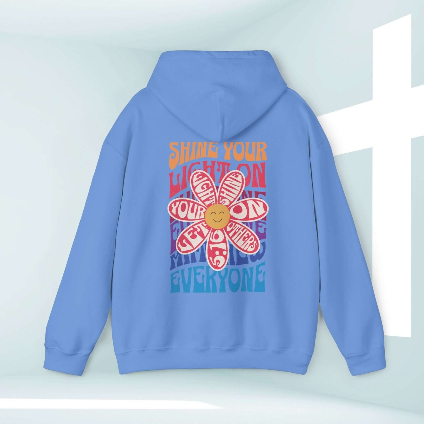 Blue boho Christian hoodie with "Shine Your Light" and flower design, faith-based inspirational sweatshirt, religious apparel, Christian clothing